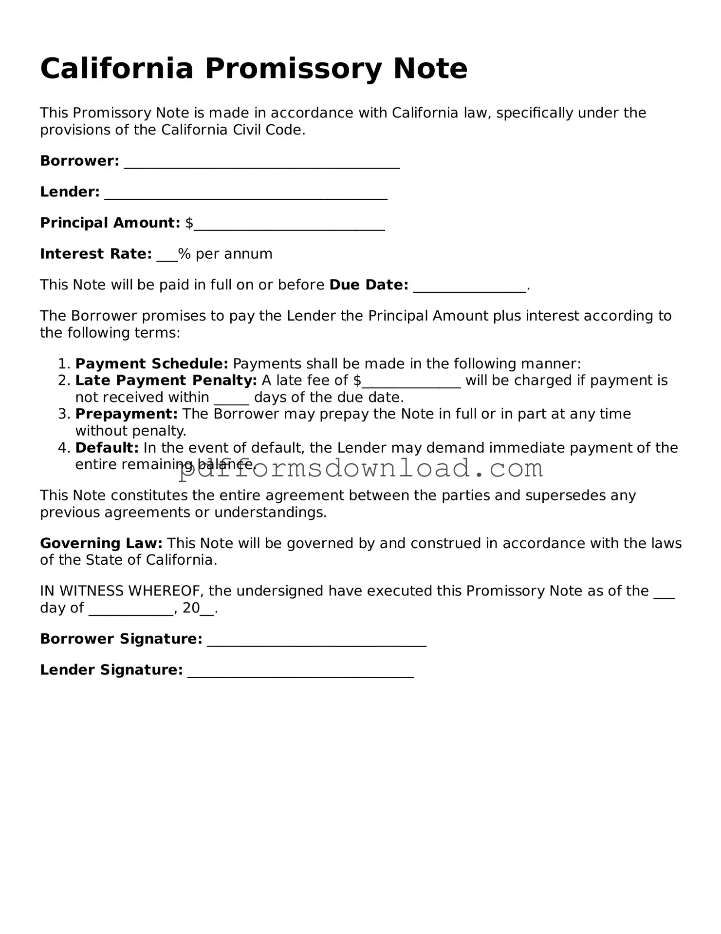 Printable California Promissory Note Form