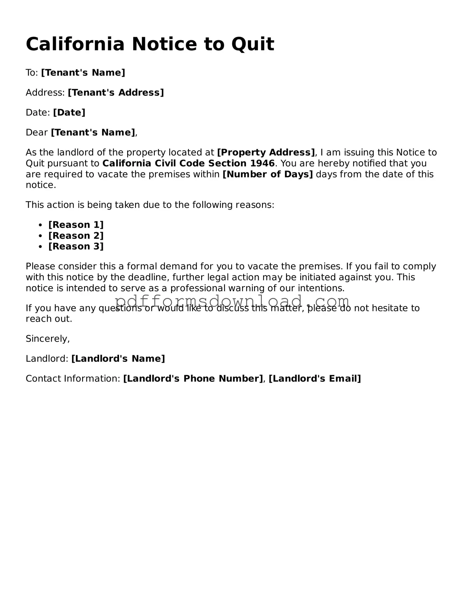 Printable California Notice to Quit Form