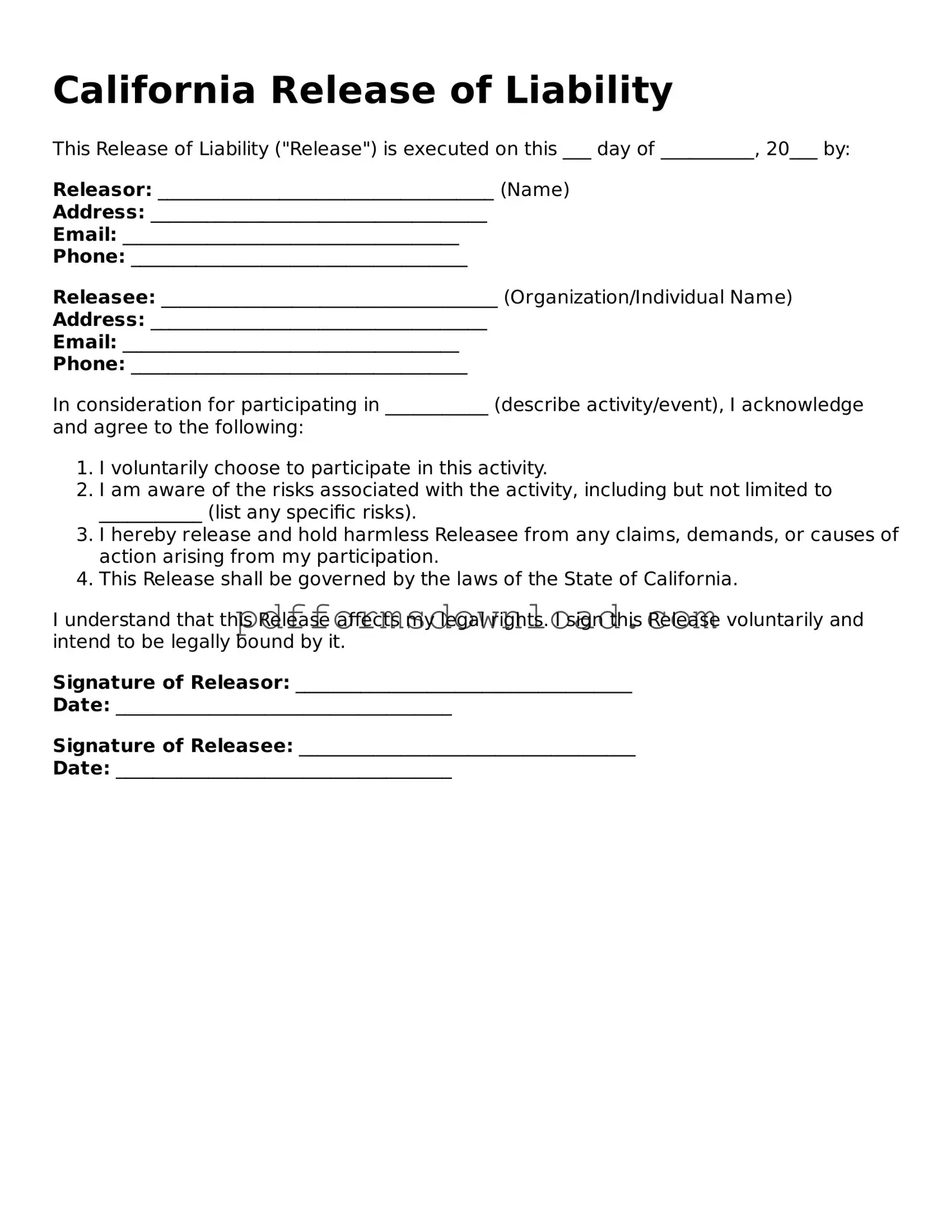 Printable California Release of Liability Form
