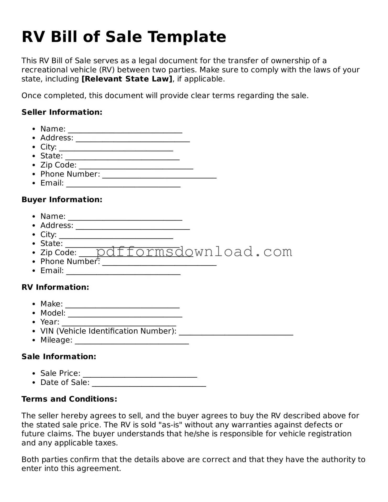 Official RV Bill of Sale Document