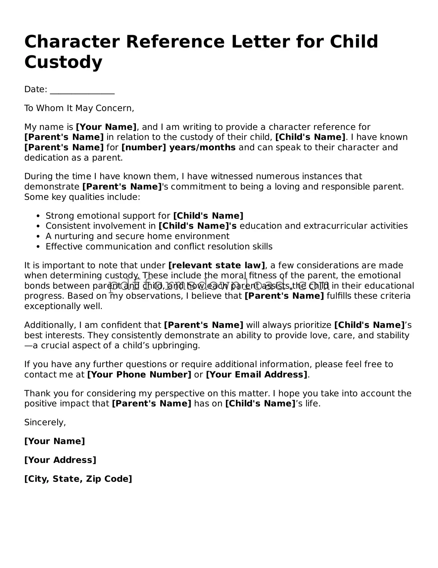 Official Character Reference Letter for Child Custody Document