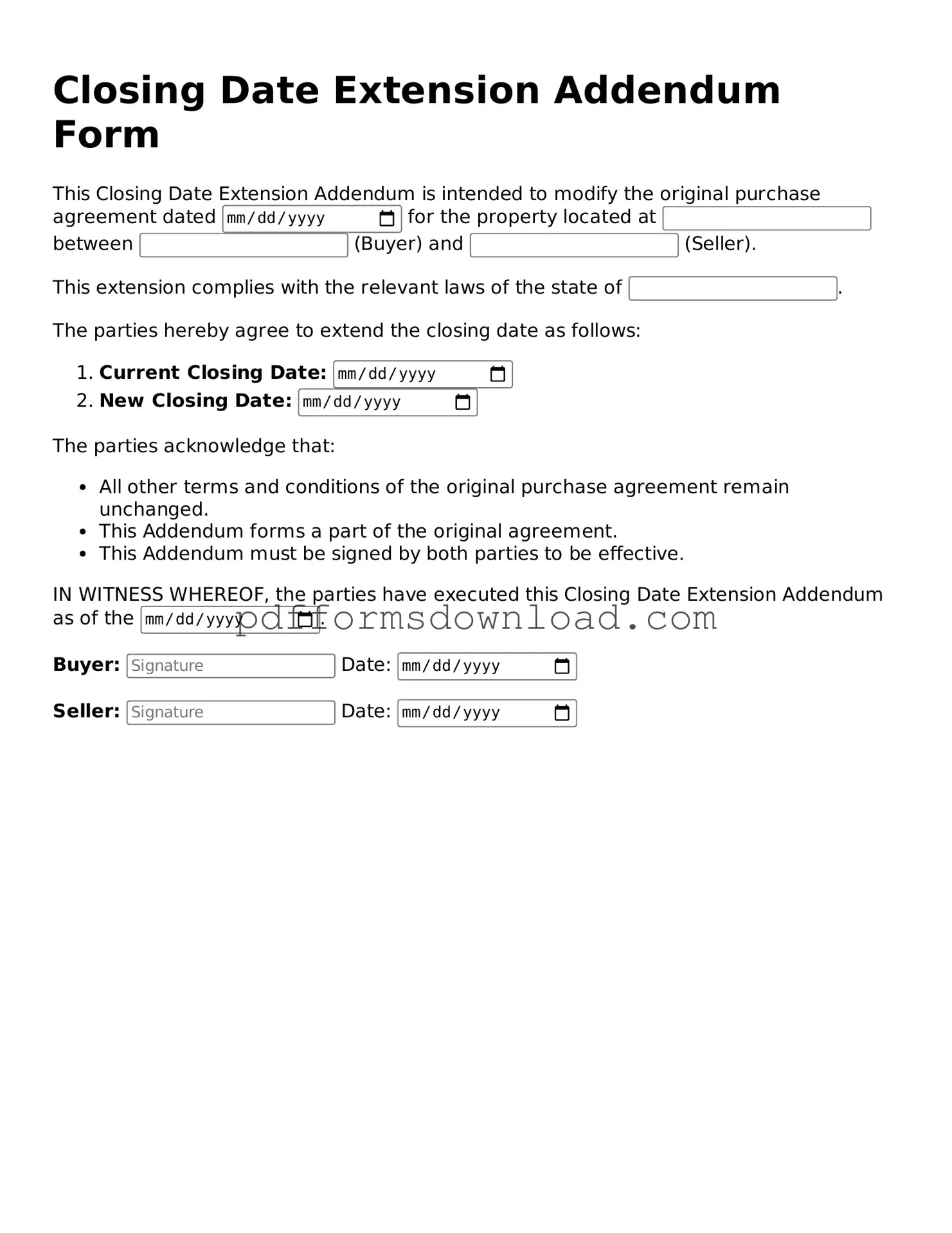 Official Closing Date Extension Addendum Form Document