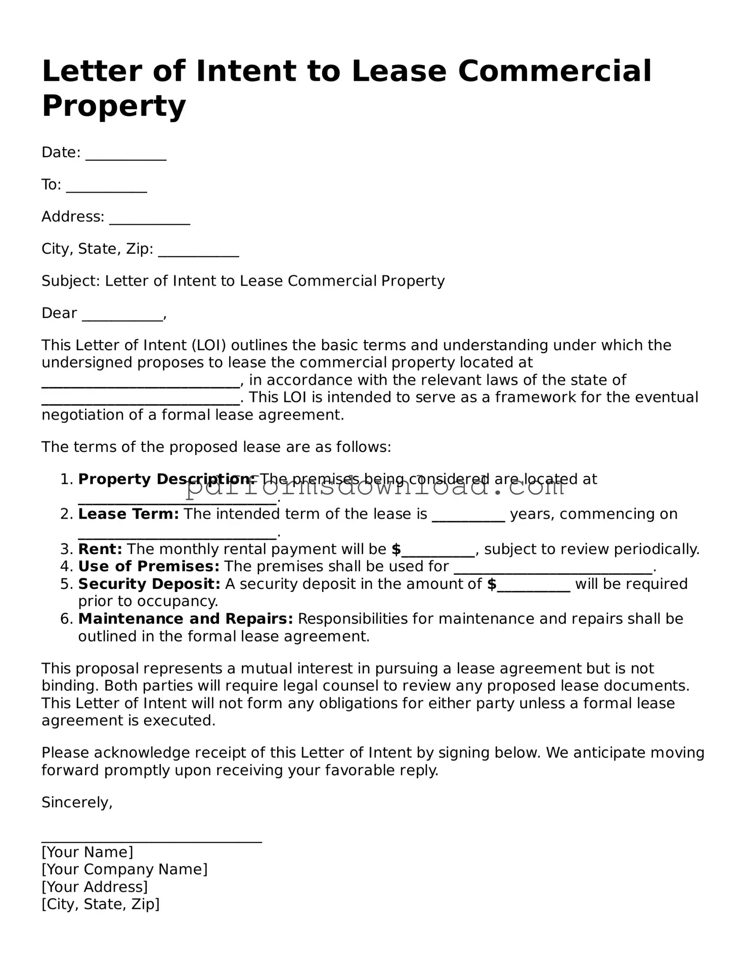 Official Letter of Intent to Lease Commercial Property Document