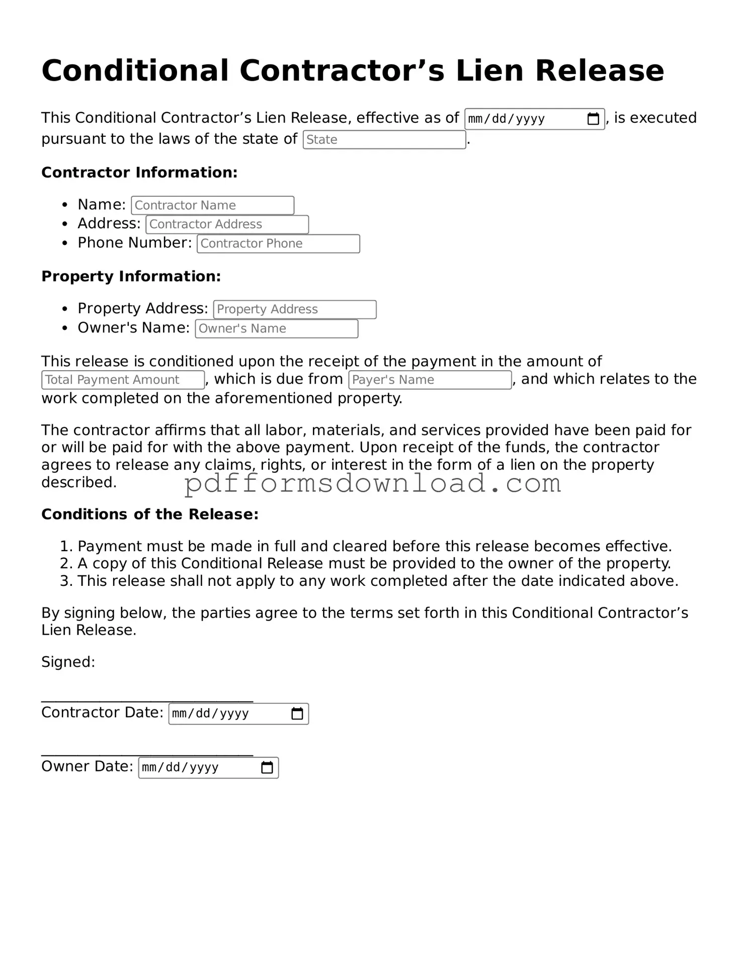 Official Conditional Contractor’s Lien Release Document