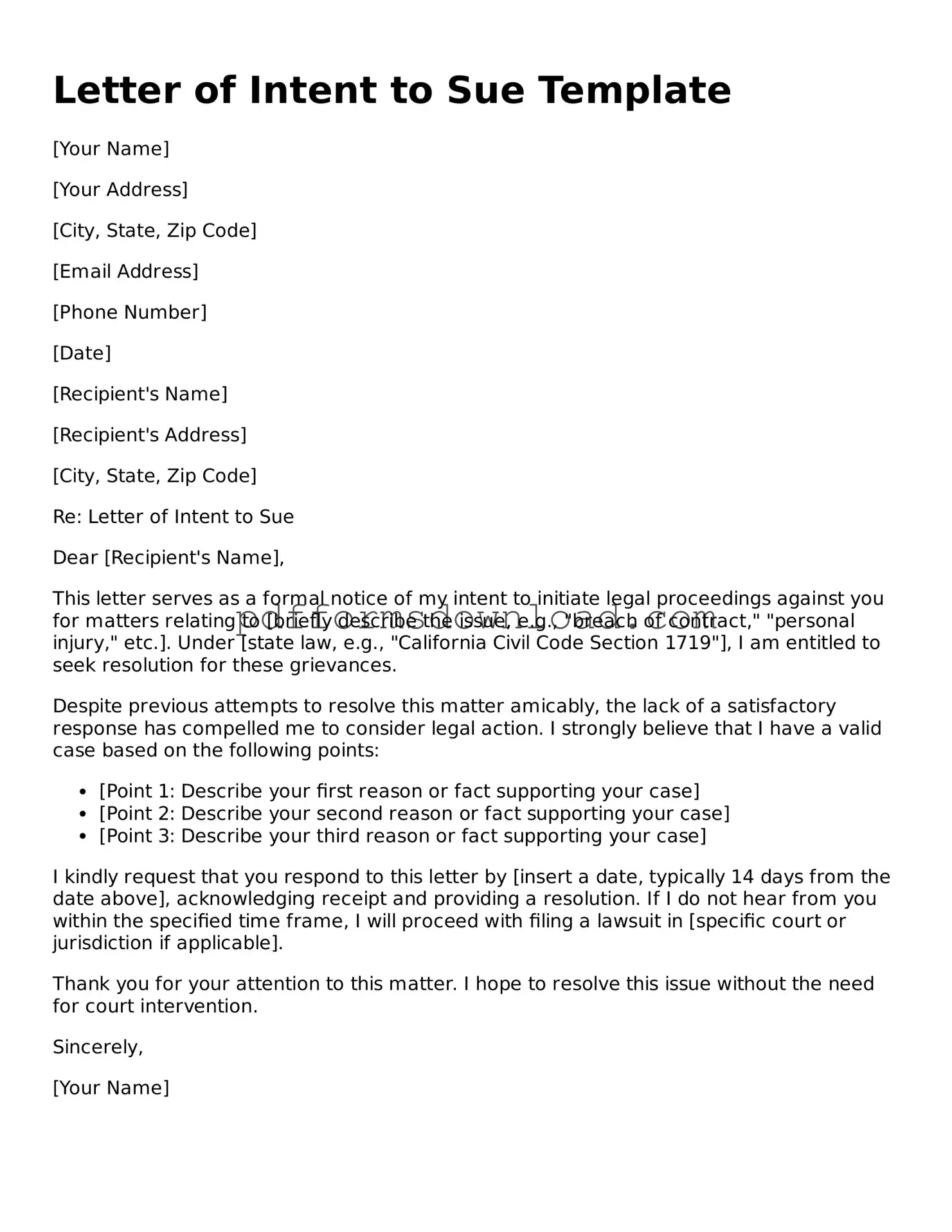 Official Letter of Intent to Sue Document