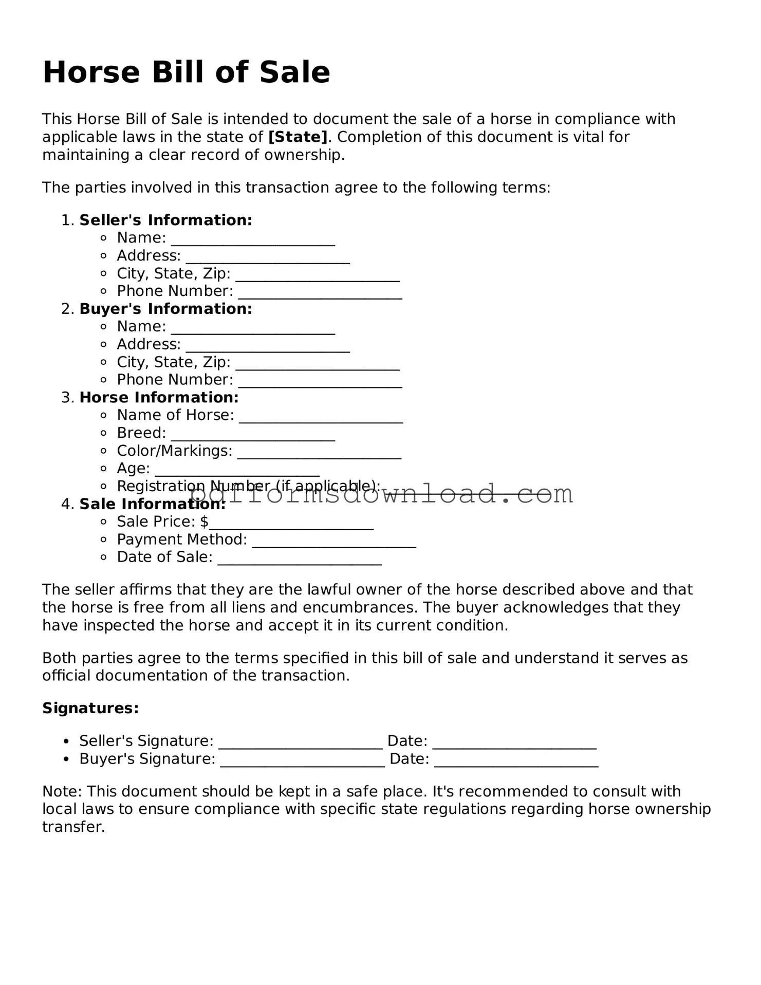 Official Horse Bill of Sale Document