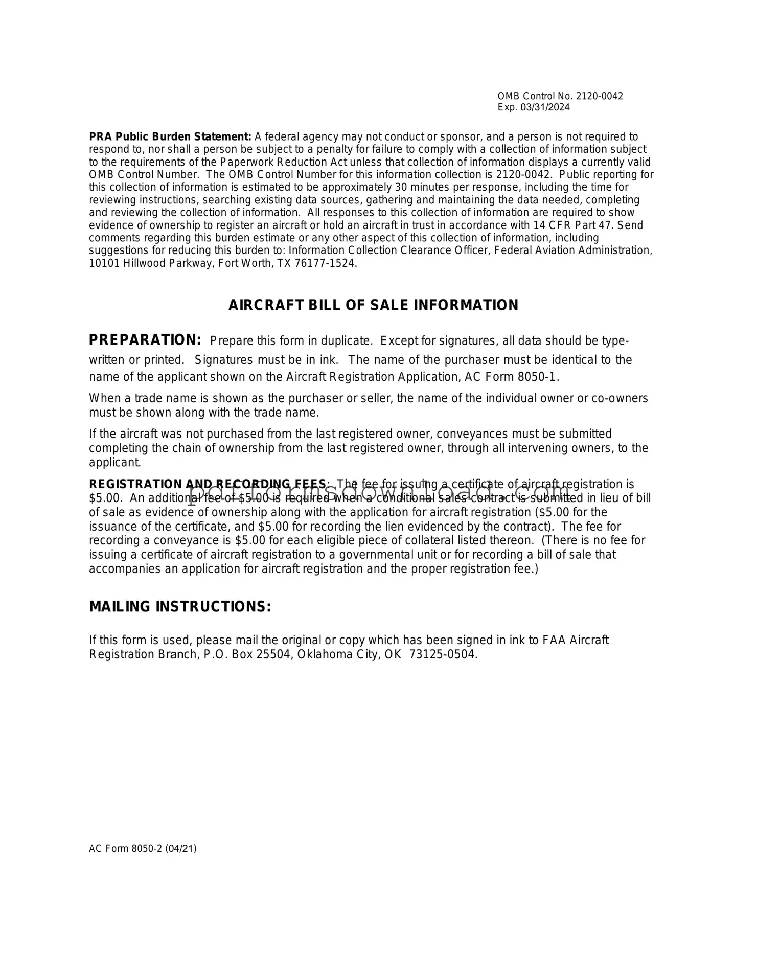 Download Aircraft Bill of Sale AC 8050-2 Template