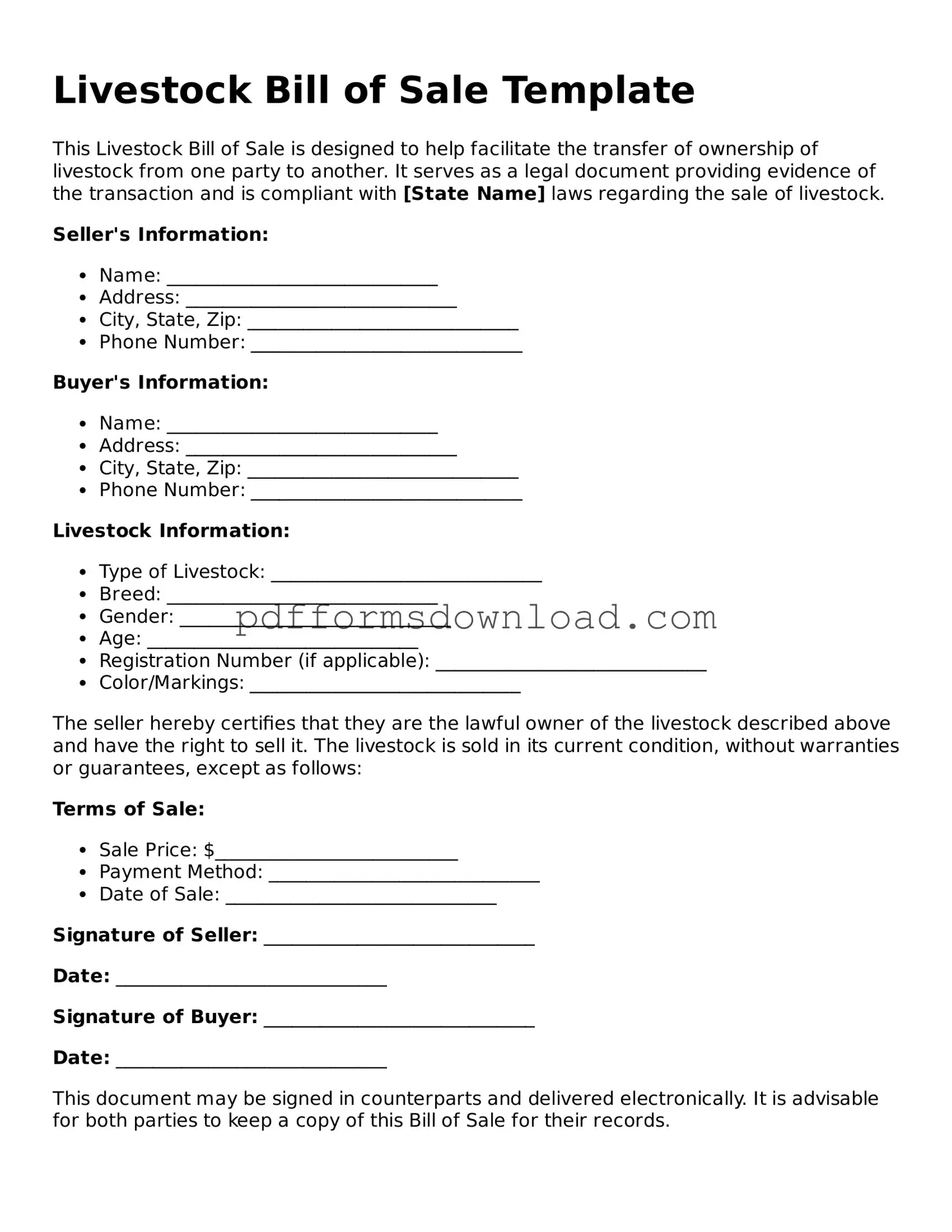 Official Livestock Bill of Sale Document