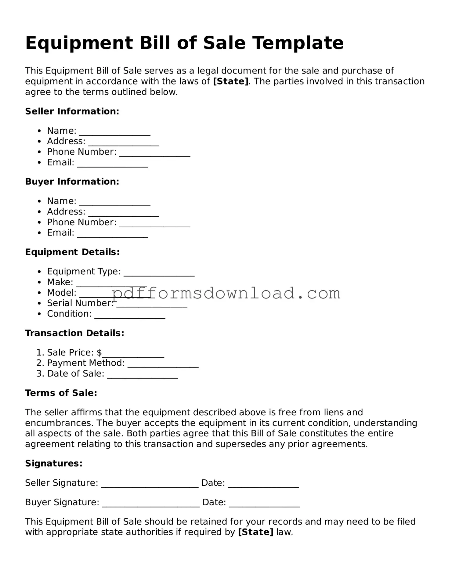 Official Equipment Bill of Sale Document