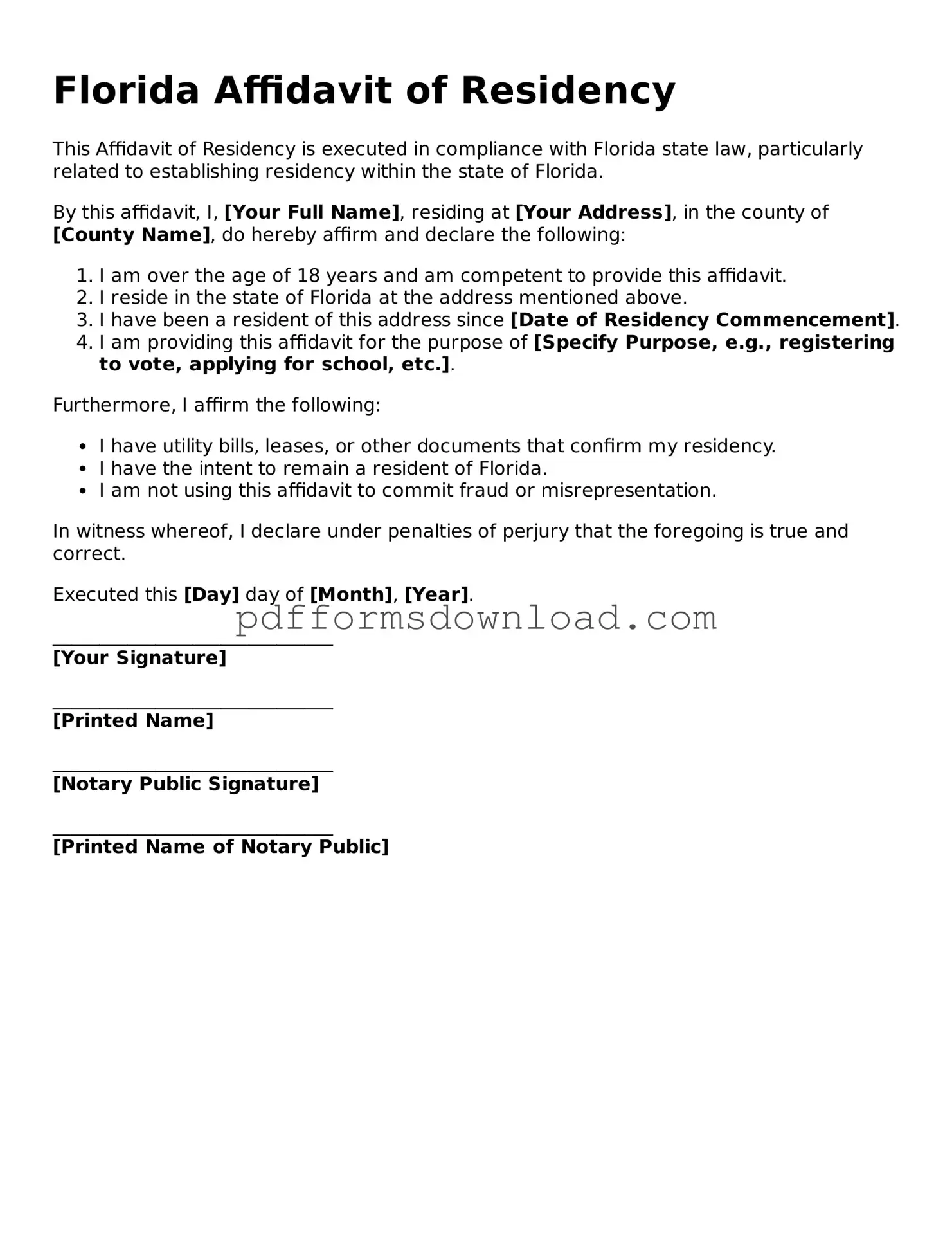Printable Florida Affidavit of Residency Form