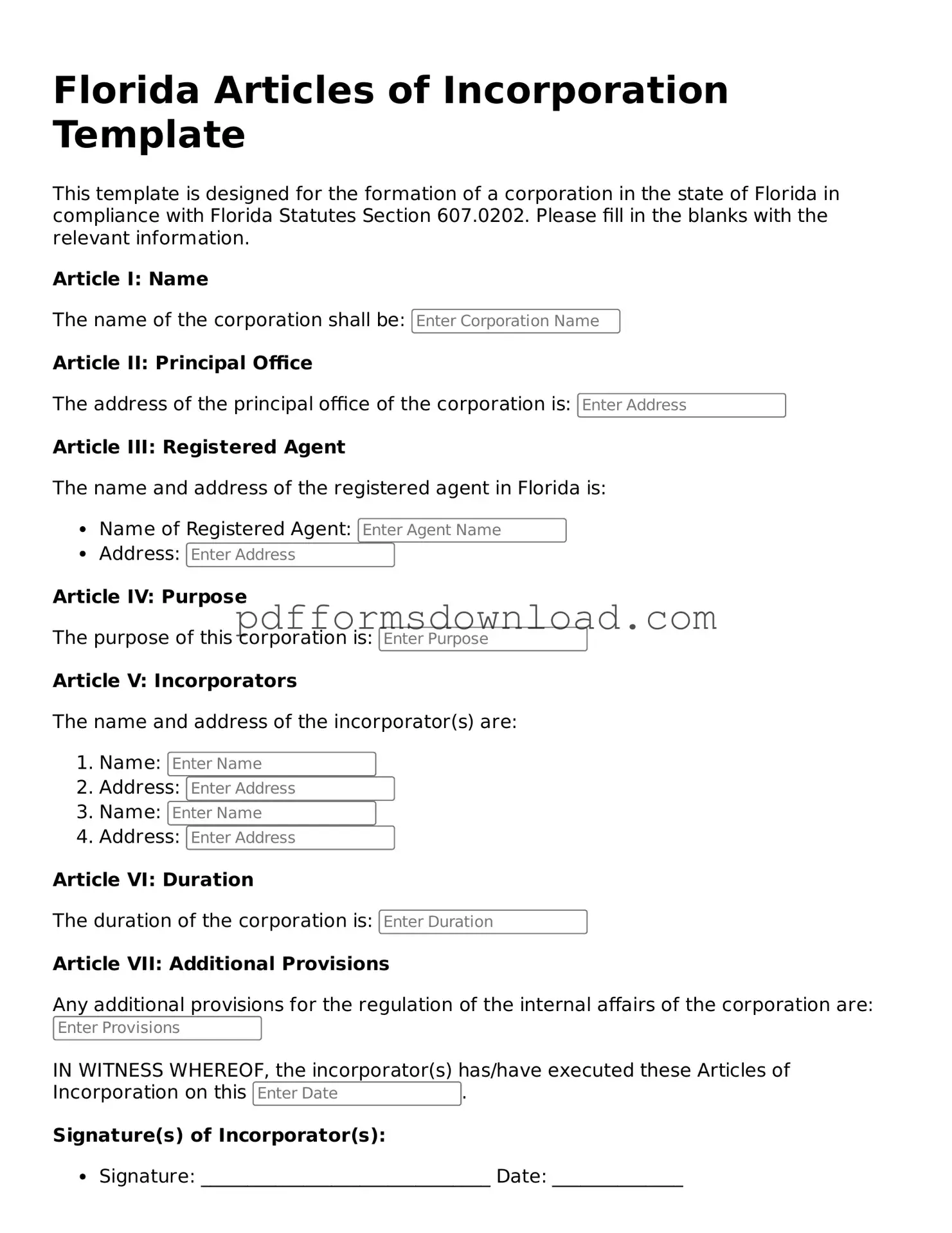 Printable Florida Articles of Incorporation Form