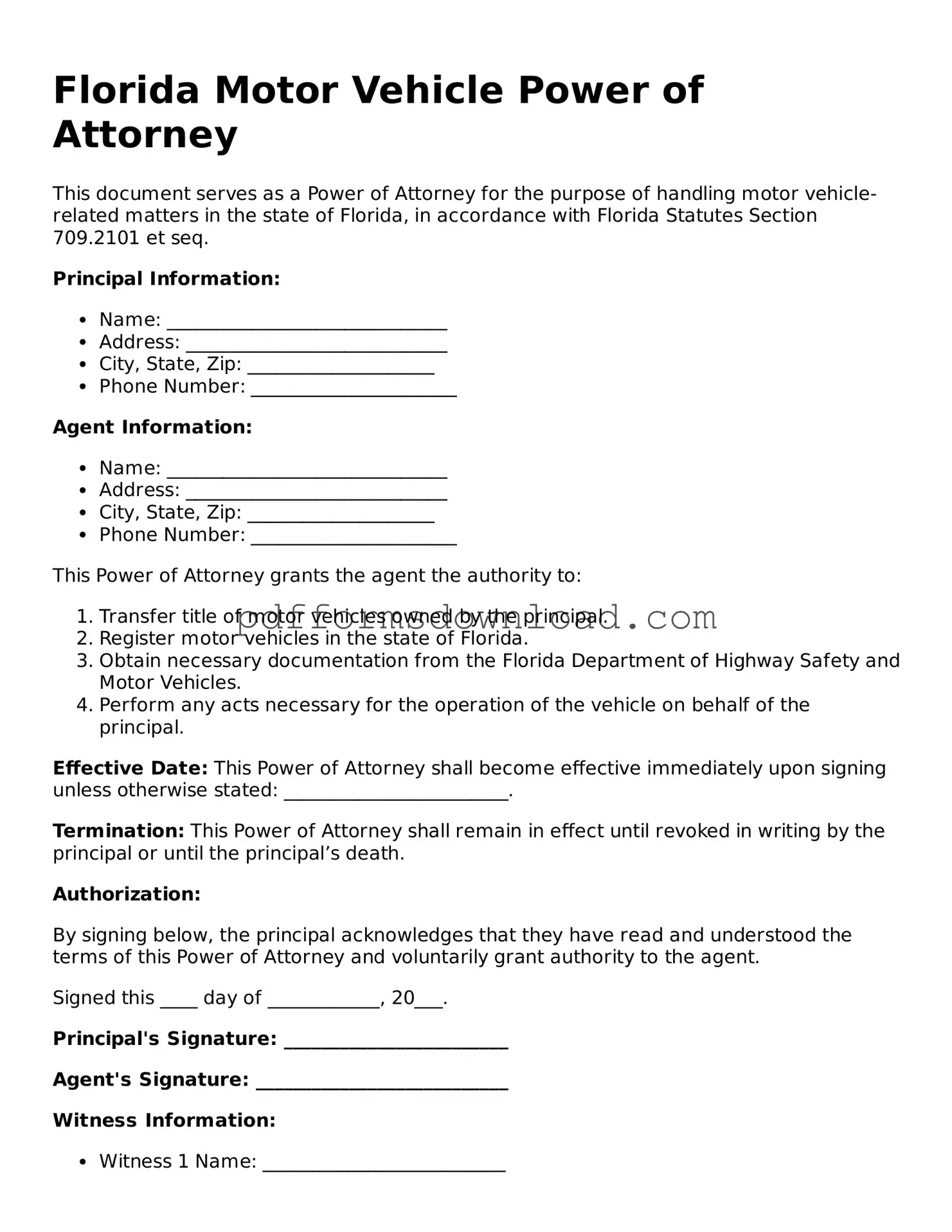 Printable Florida Motor Vehicle Power of Attorney Form