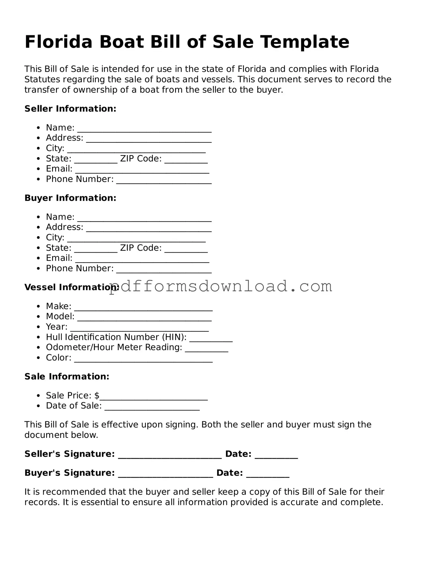 Printable Florida Boat Bill of Sale Form