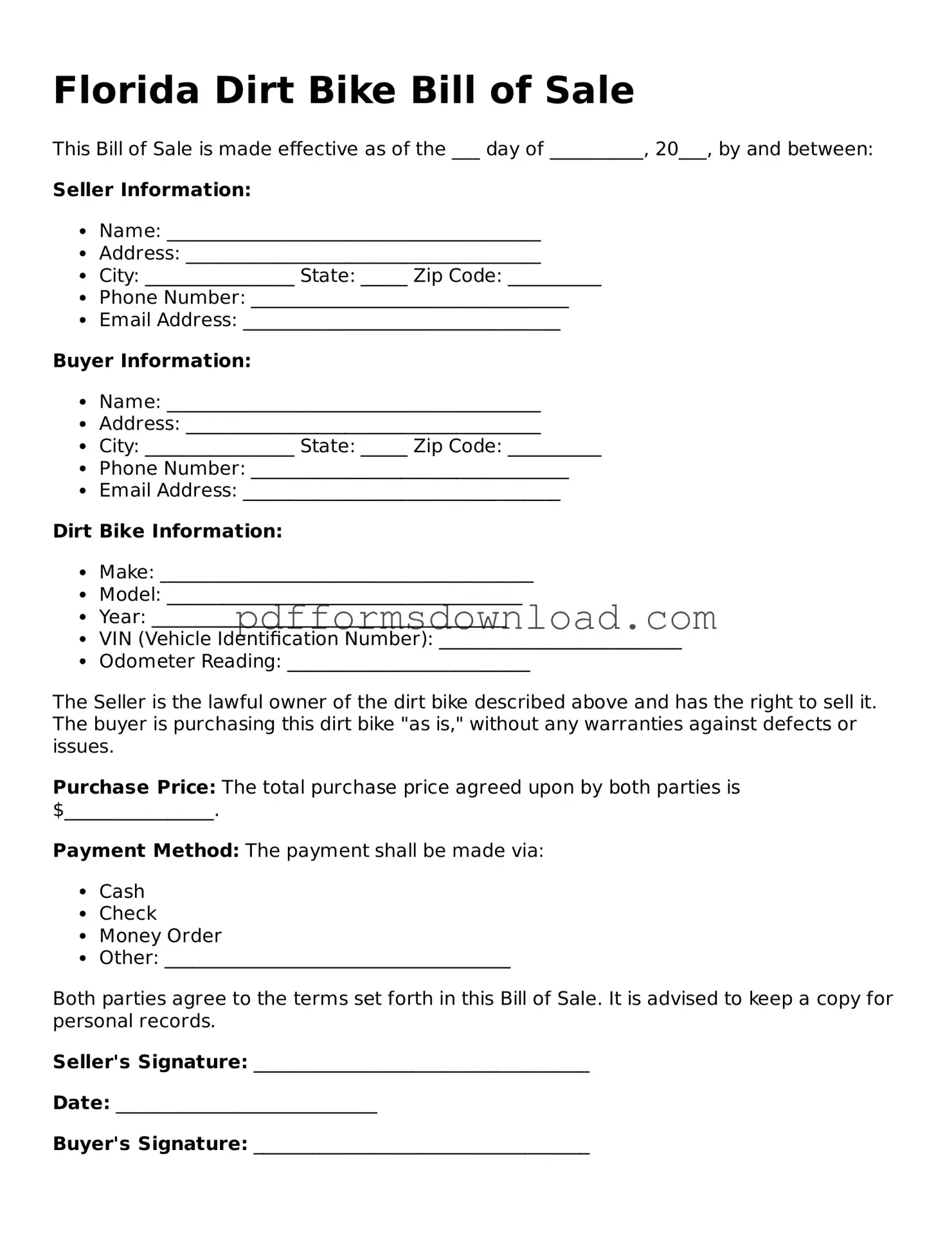 Printable Florida Dirt Bike Bill of Sale Form