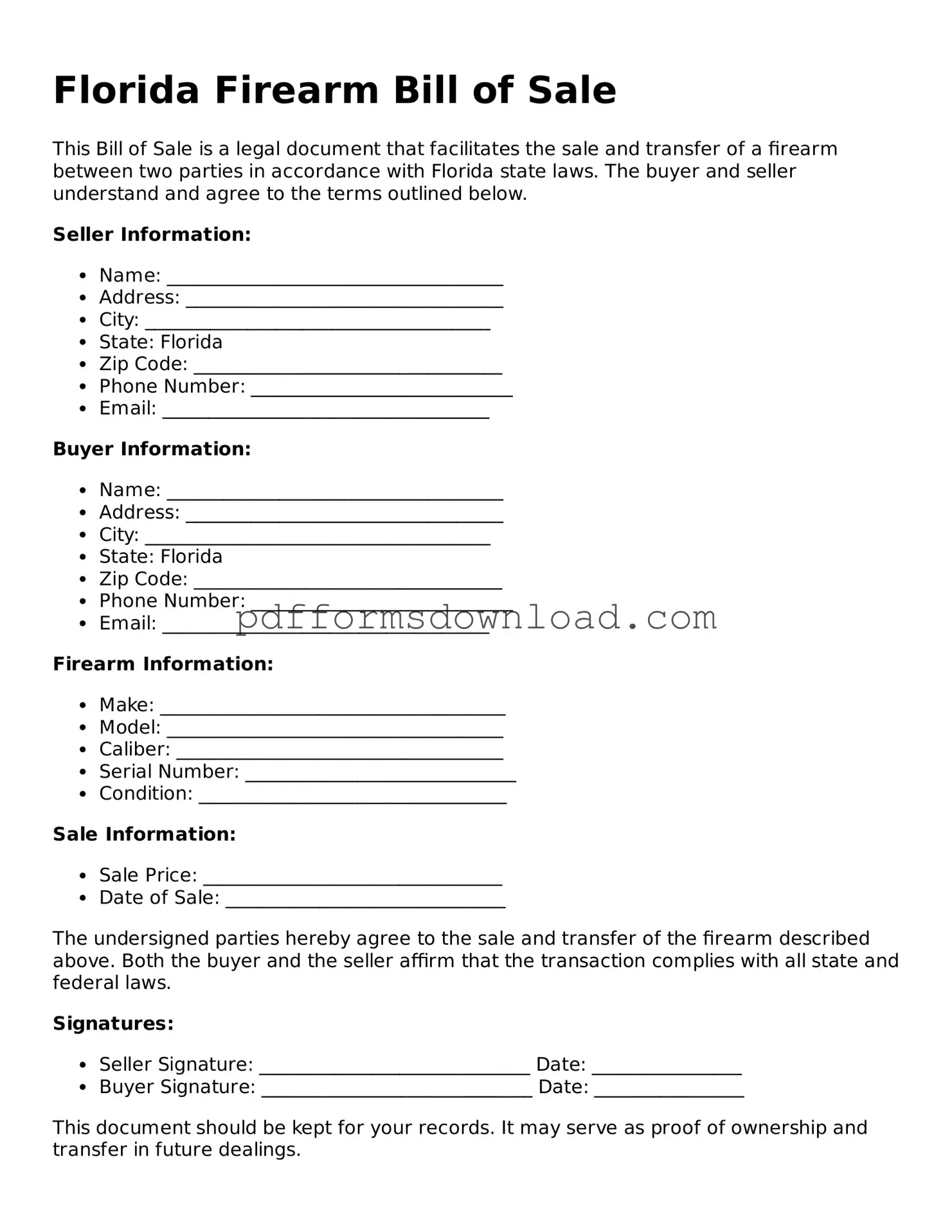 Printable Florida Firearm Bill of Sale Form