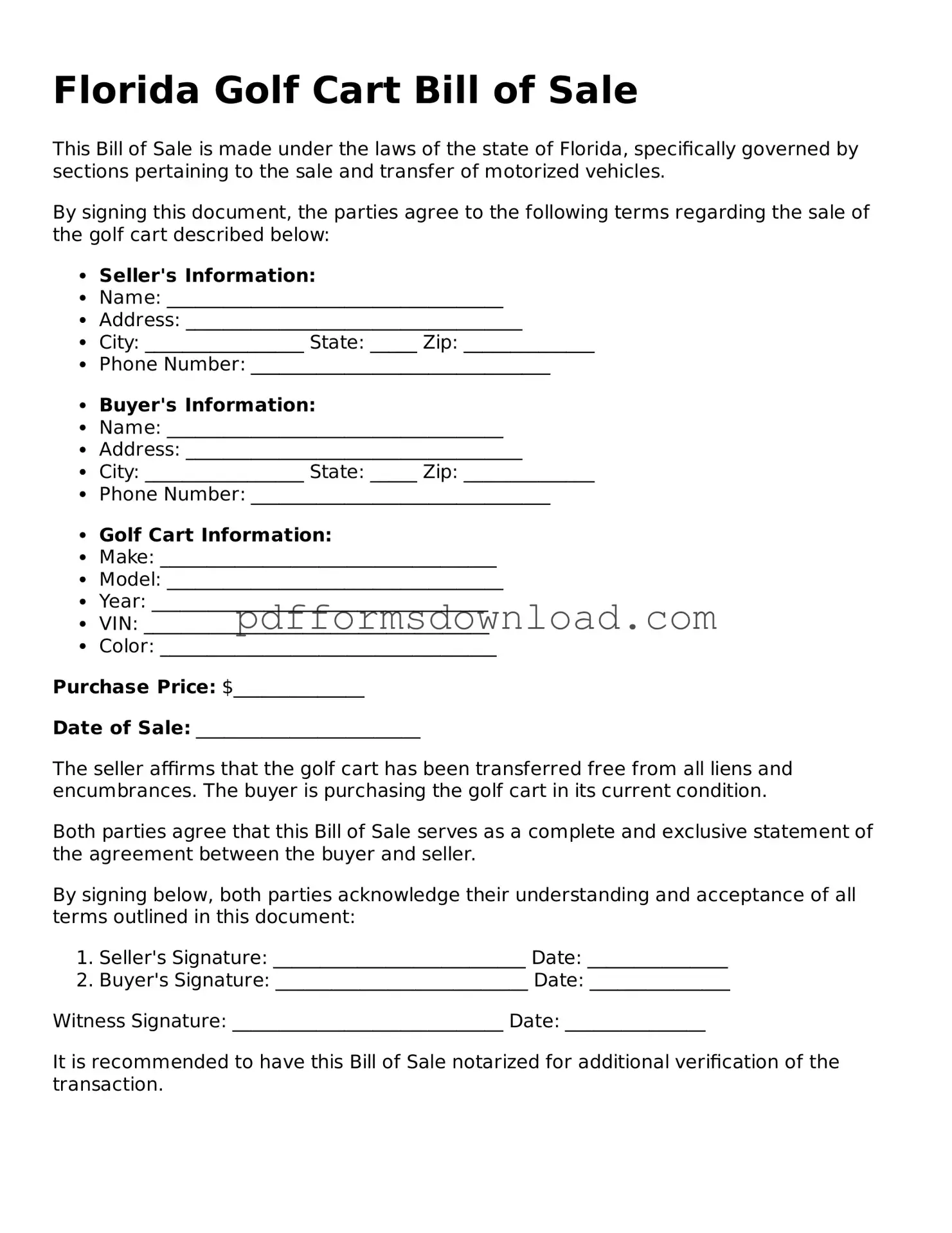 Printable Florida Golf Cart Bill of Sale Form