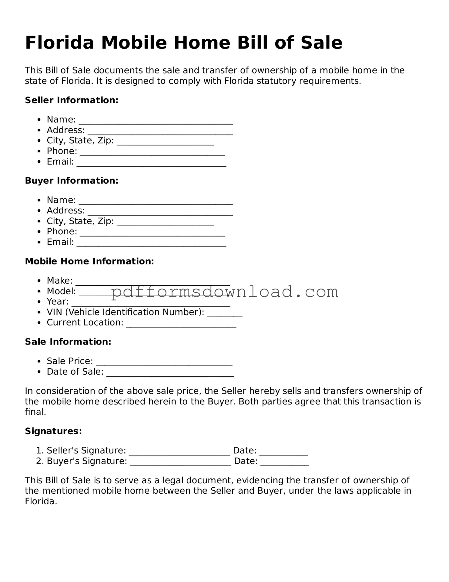 Printable Florida Mobile Home Bill of Sale Form