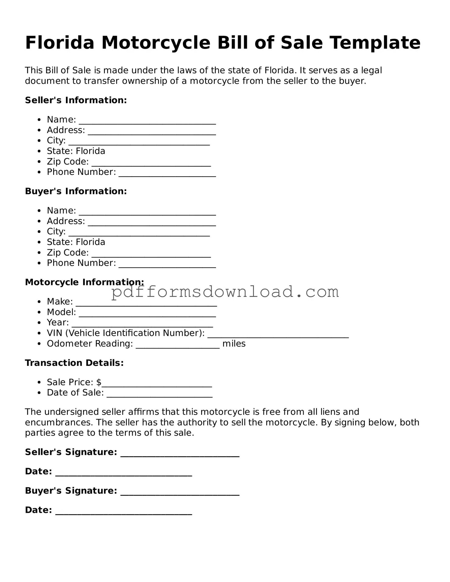 Printable Florida Motorcycle Bill of Sale Form