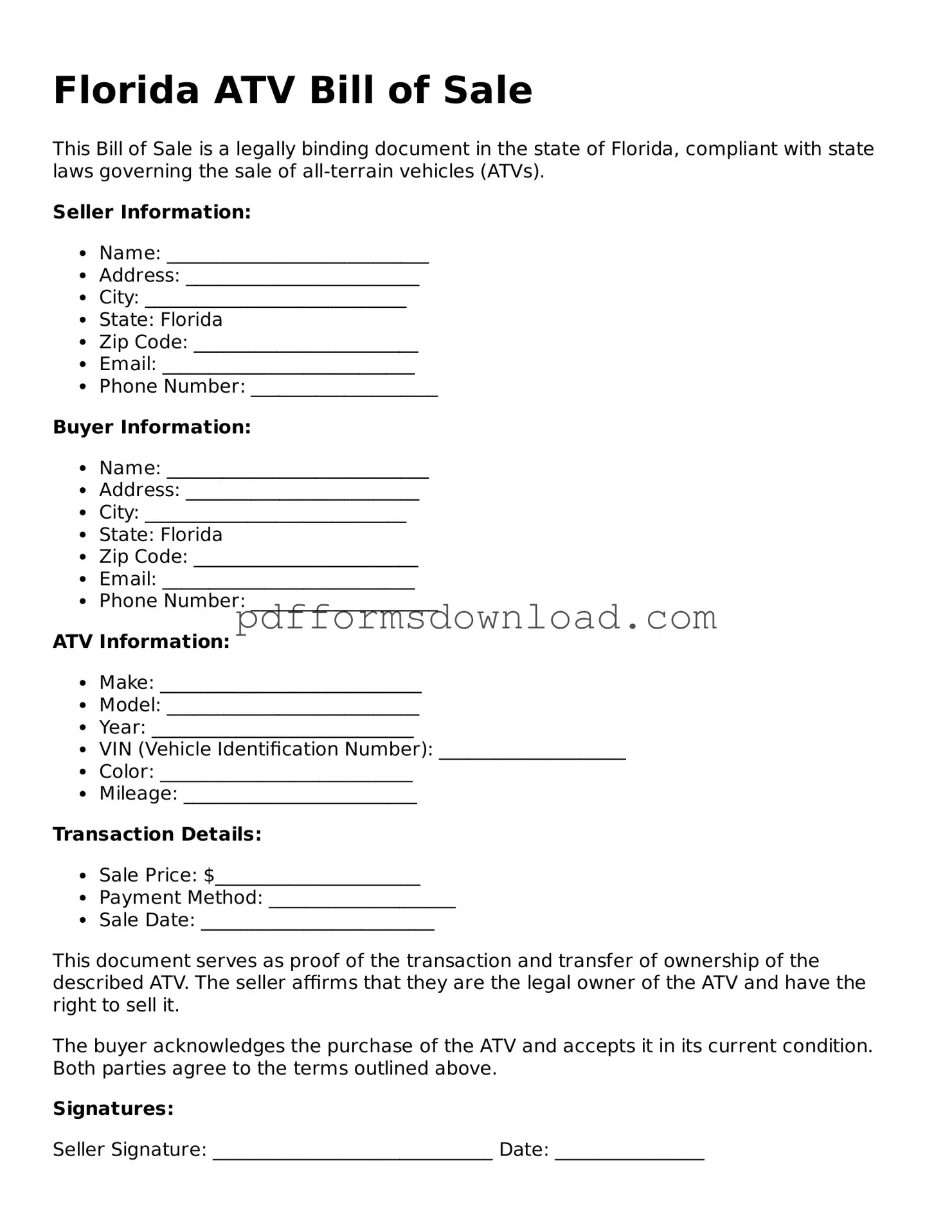 Printable Florida ATV Bill of Sale Form