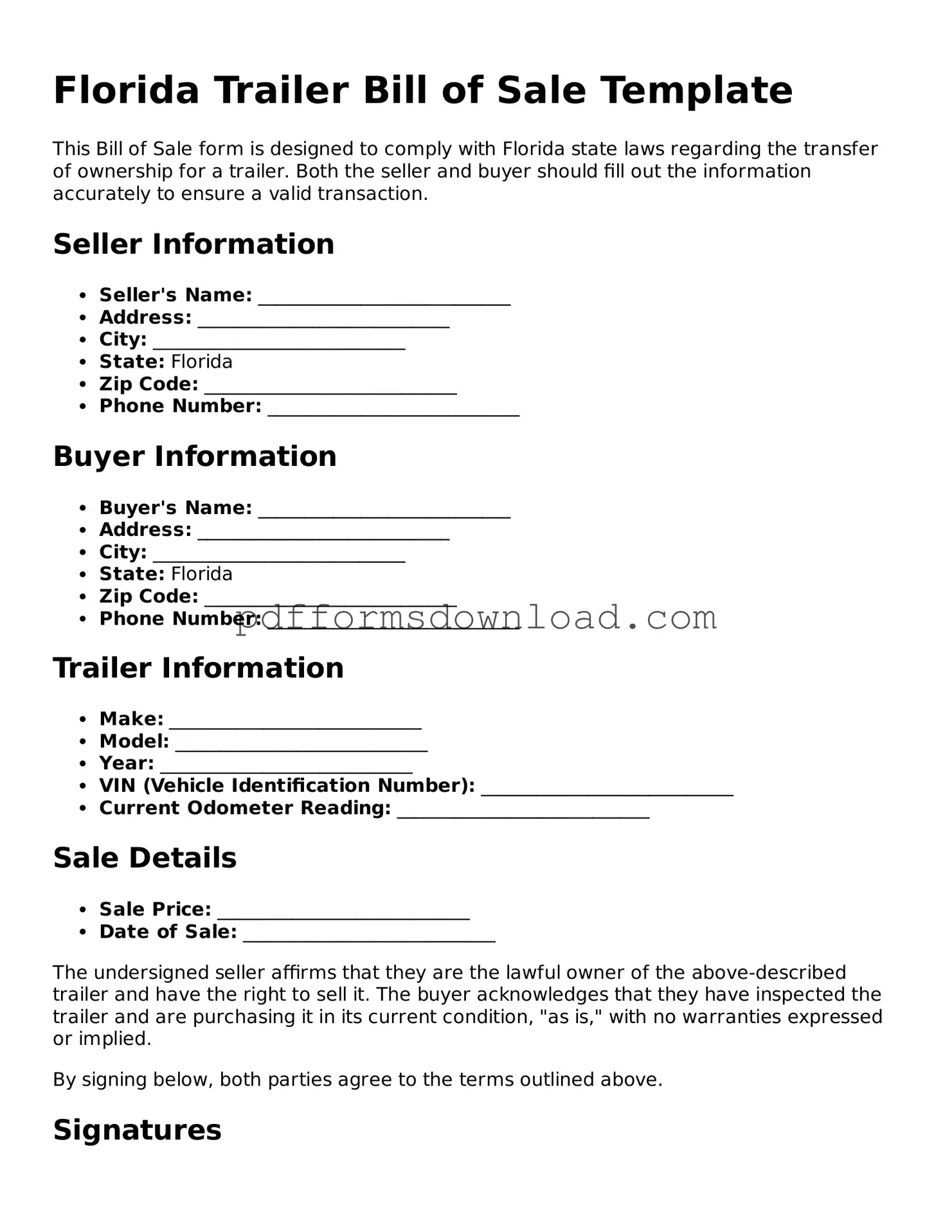 Printable Florida Trailer Bill of Sale Form