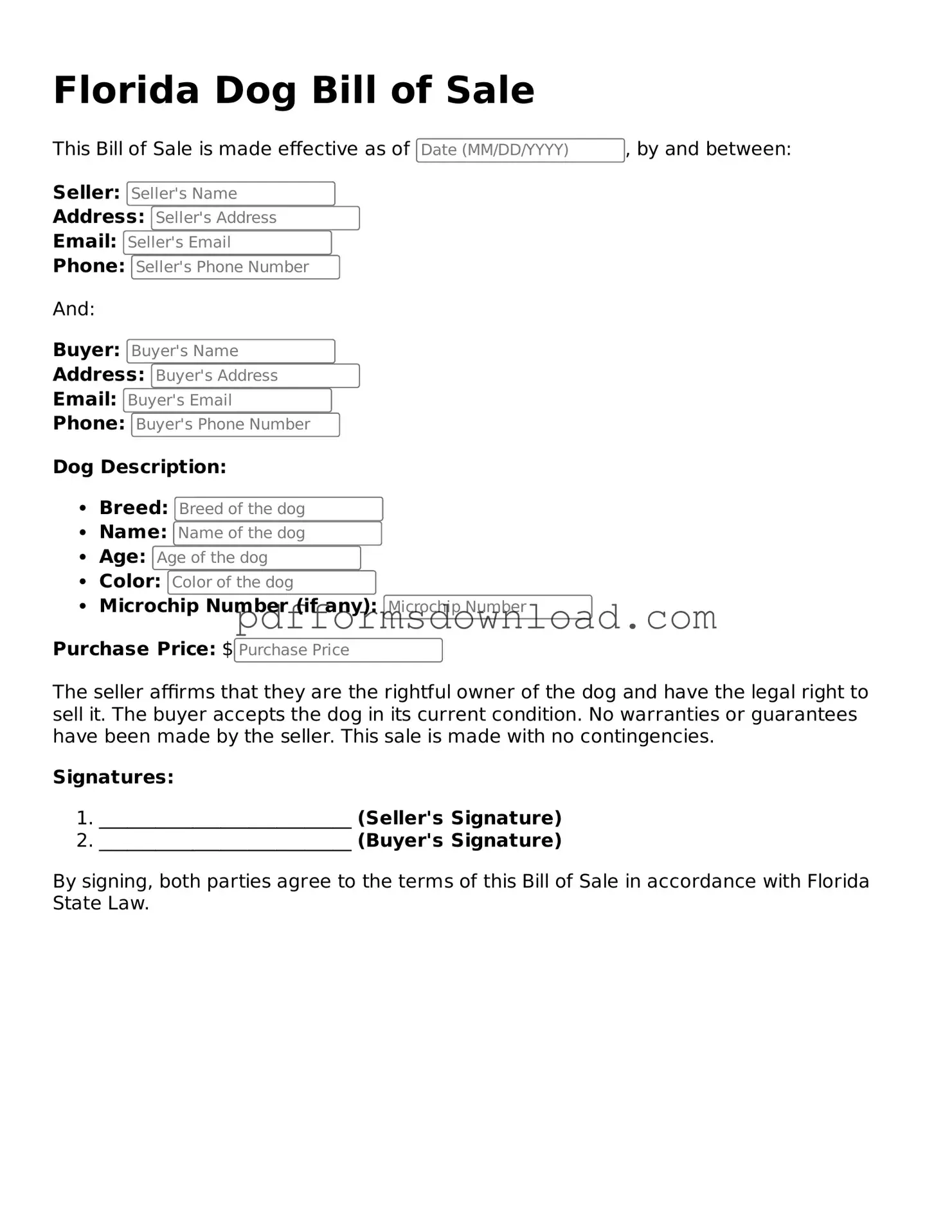 Printable Florida Dog Bill of Sale Form