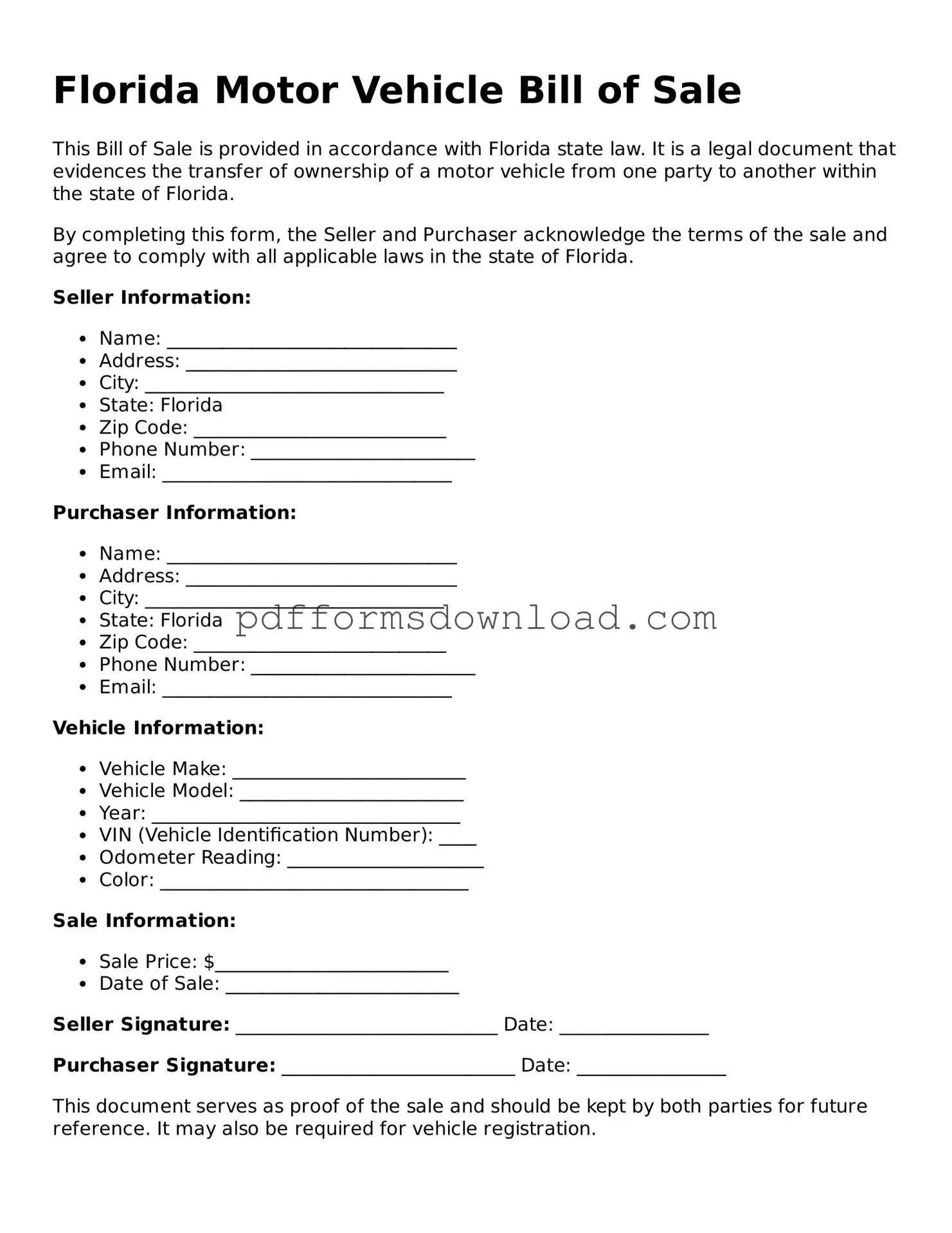 Printable Florida Motor Vehicle Bill of Sale Form