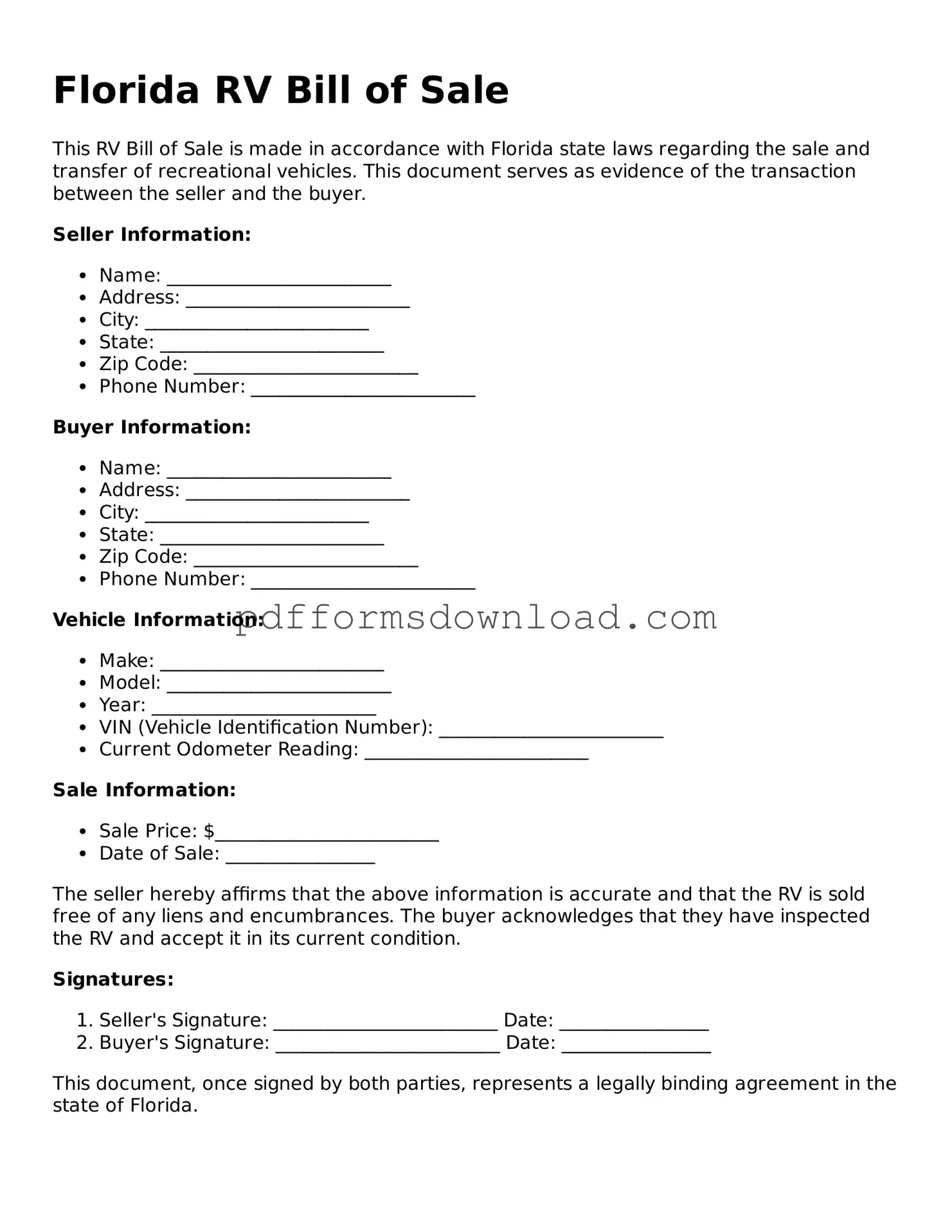 Printable Florida RV Bill of Sale Form