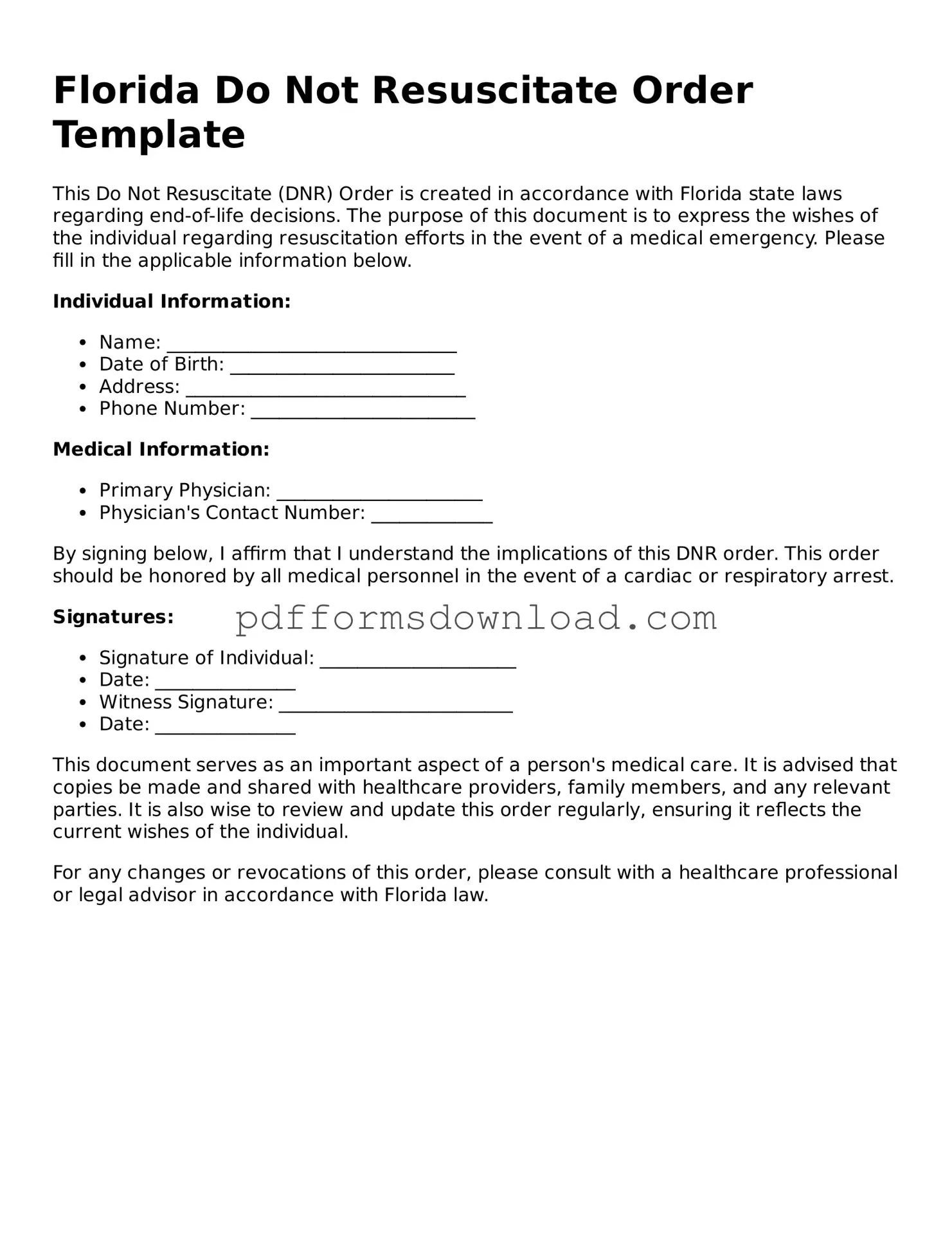Printable Florida Do Not Resuscitate Order Form