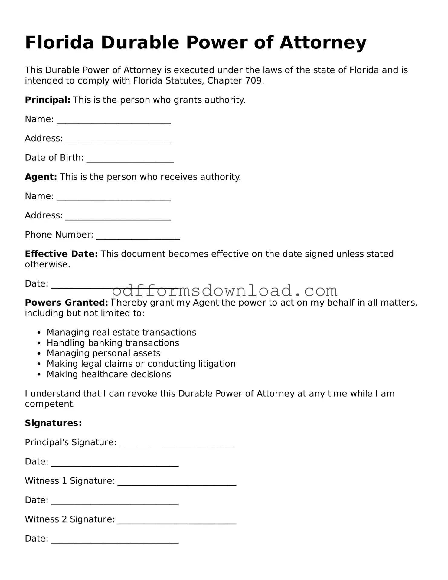 Printable Florida Durable Power of Attorney Form