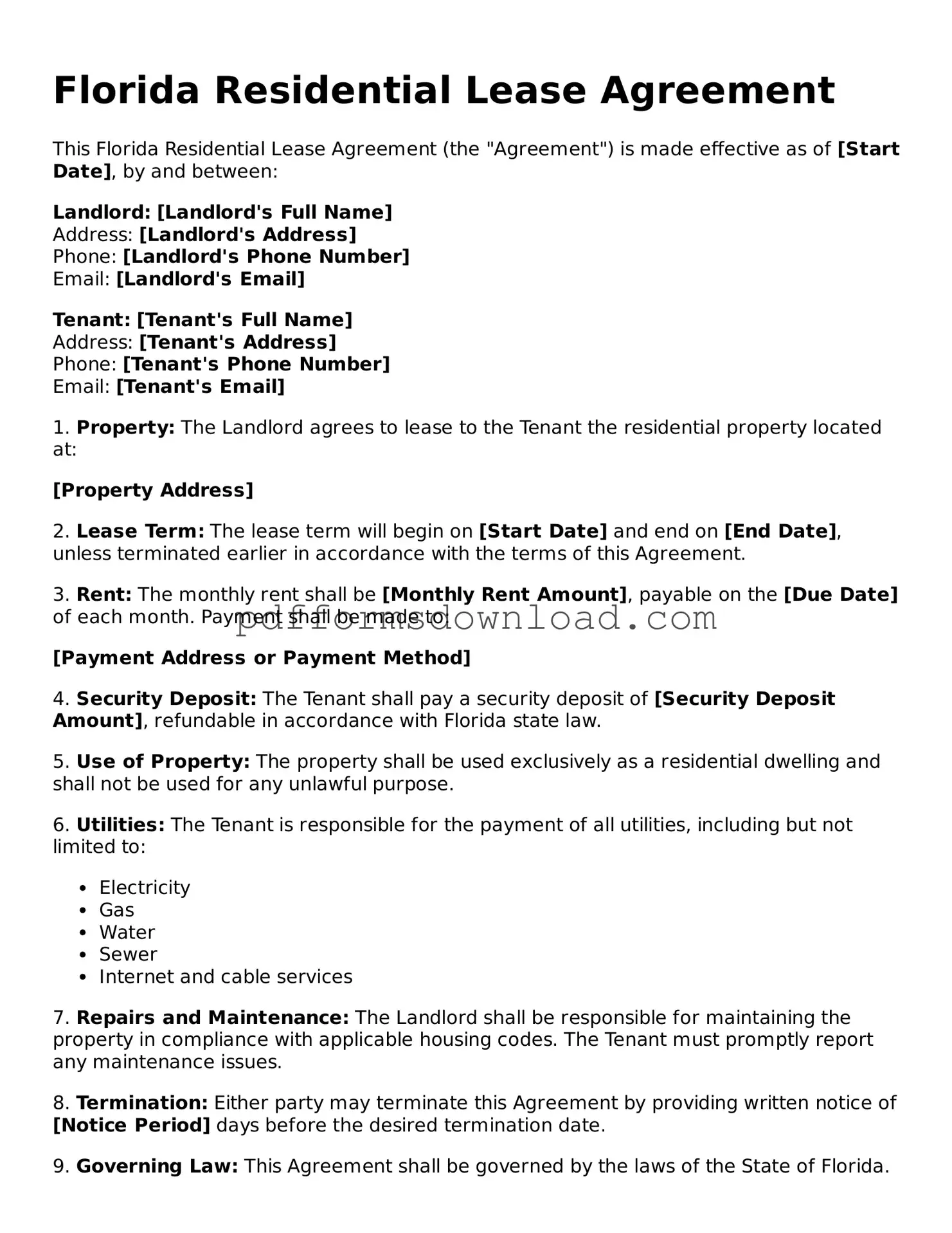 Printable Florida Residential Lease Agreement Form