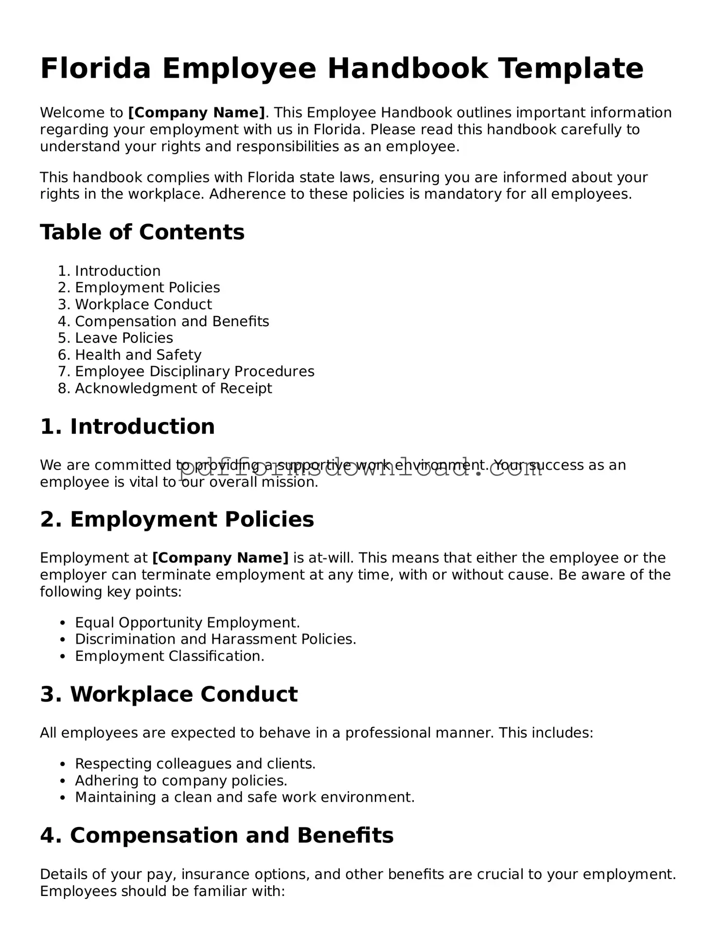Printable Florida Employee Handbook Form