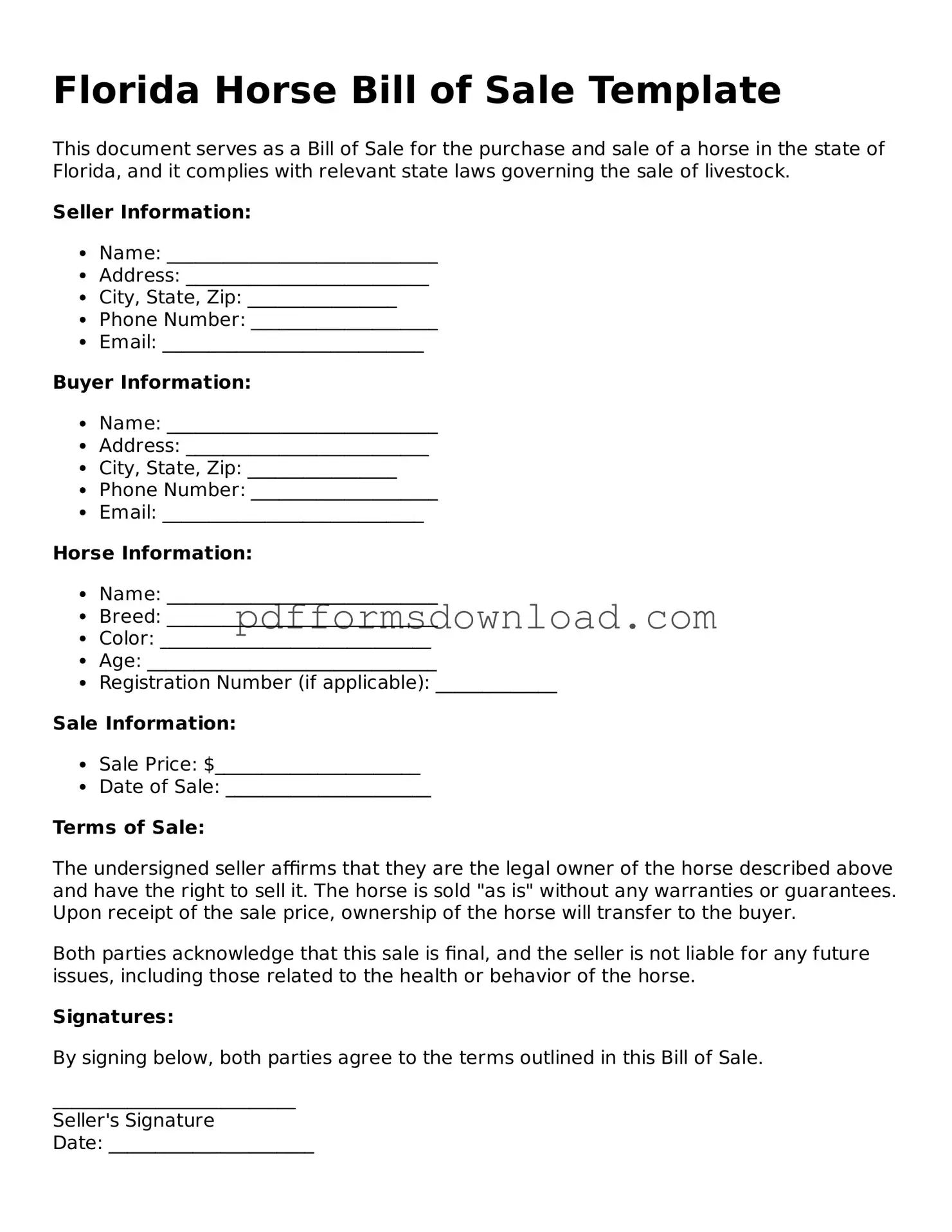 Printable Florida Horse Bill of Sale Form