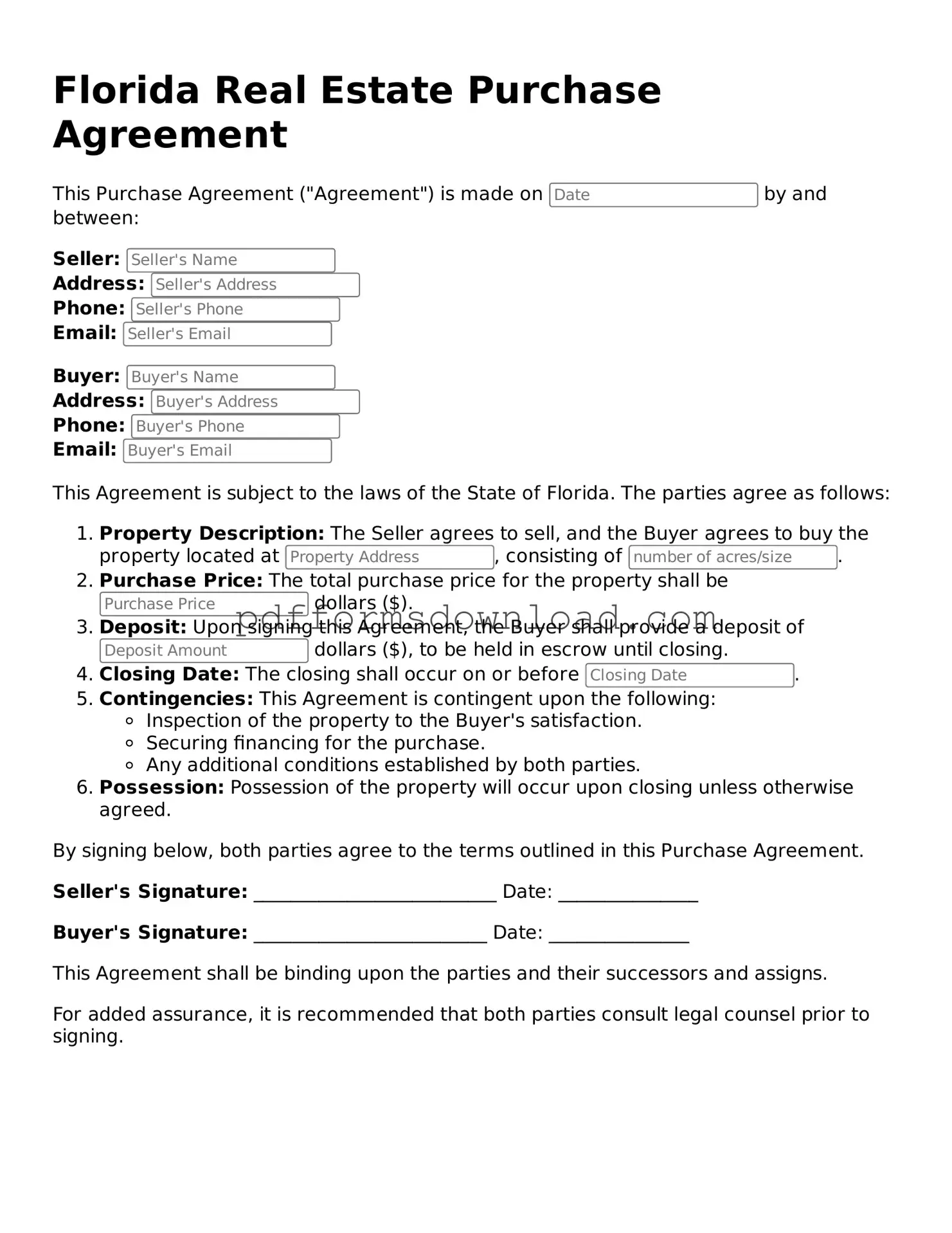 Printable Florida Real Estate Purchase Agreement Form