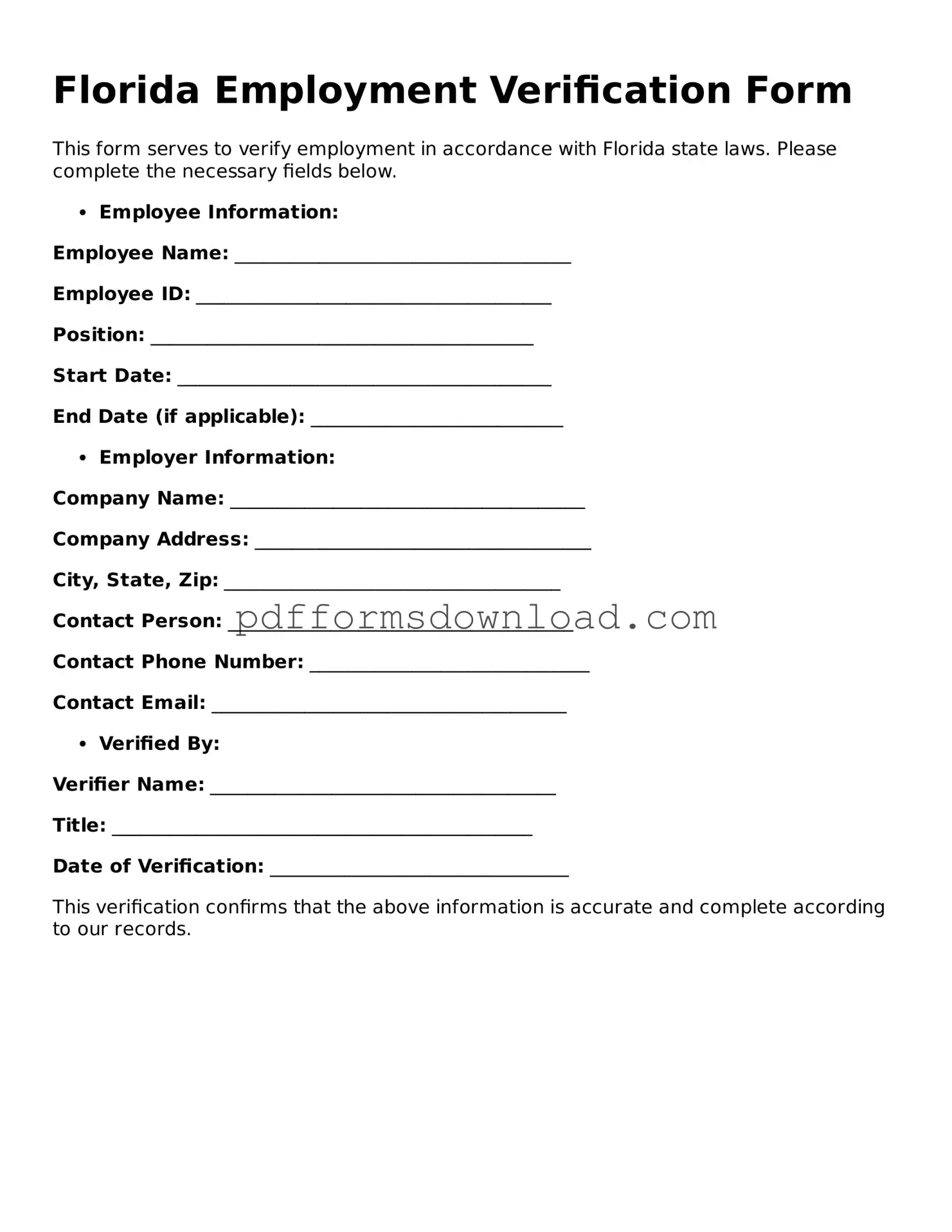 Printable Florida Employment Verification Form
