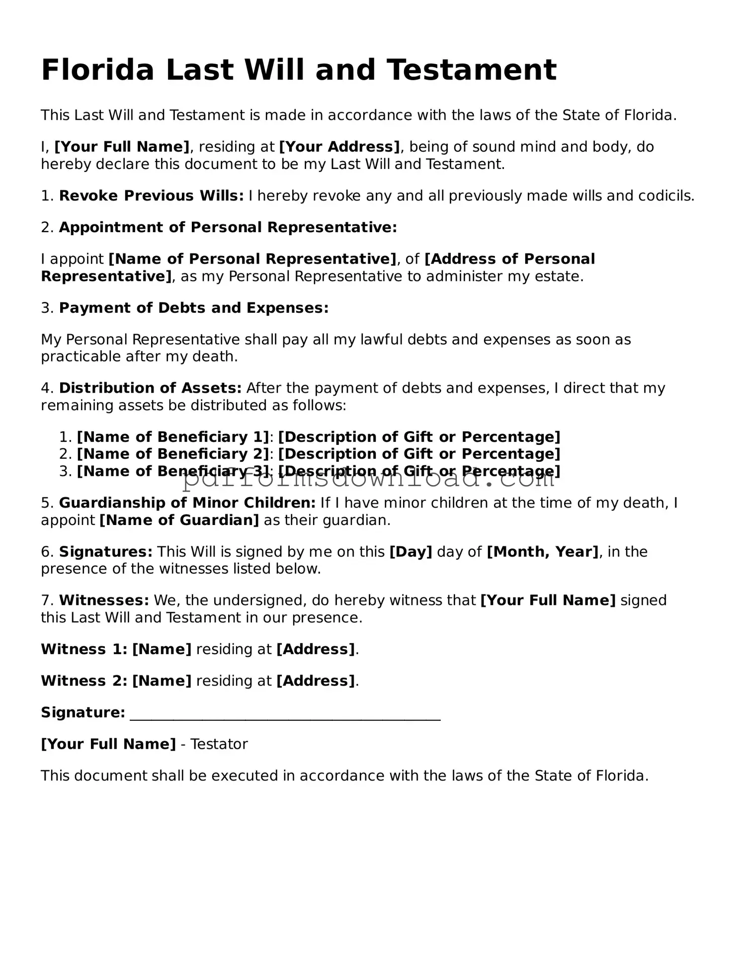 Printable Florida Last Will and Testament Form
