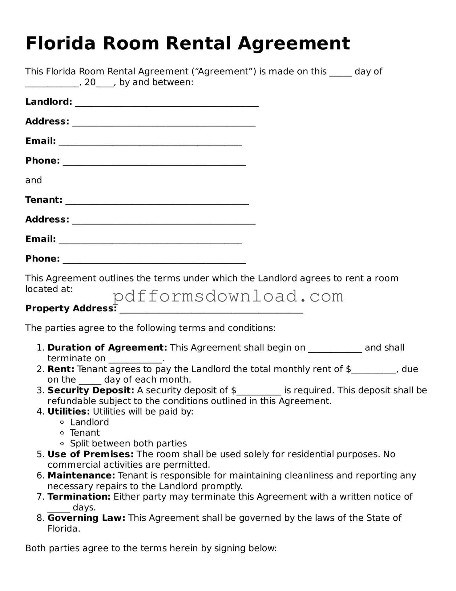Printable Florida Room Rental Agreement Form