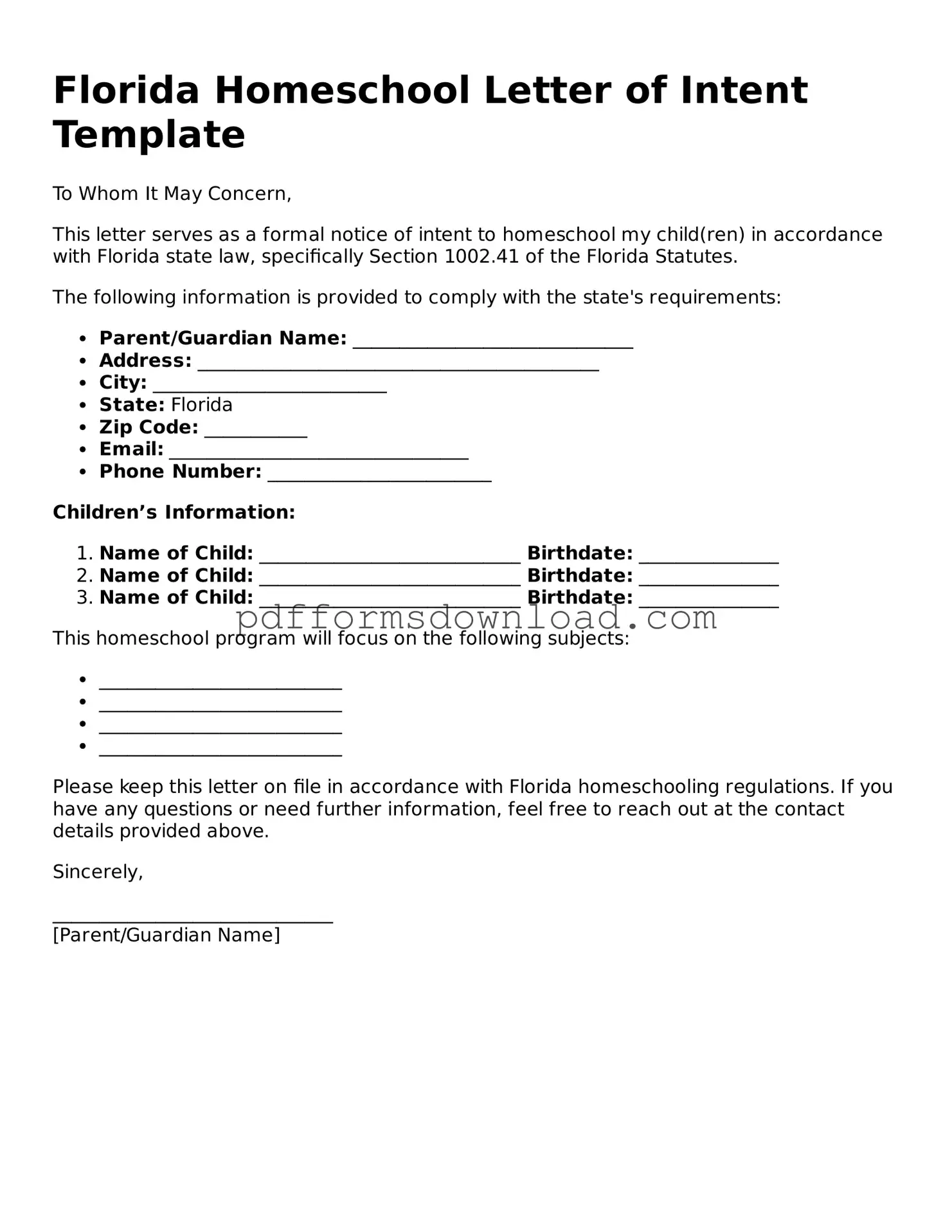 Printable Florida Homeschool Letter of Intent Form