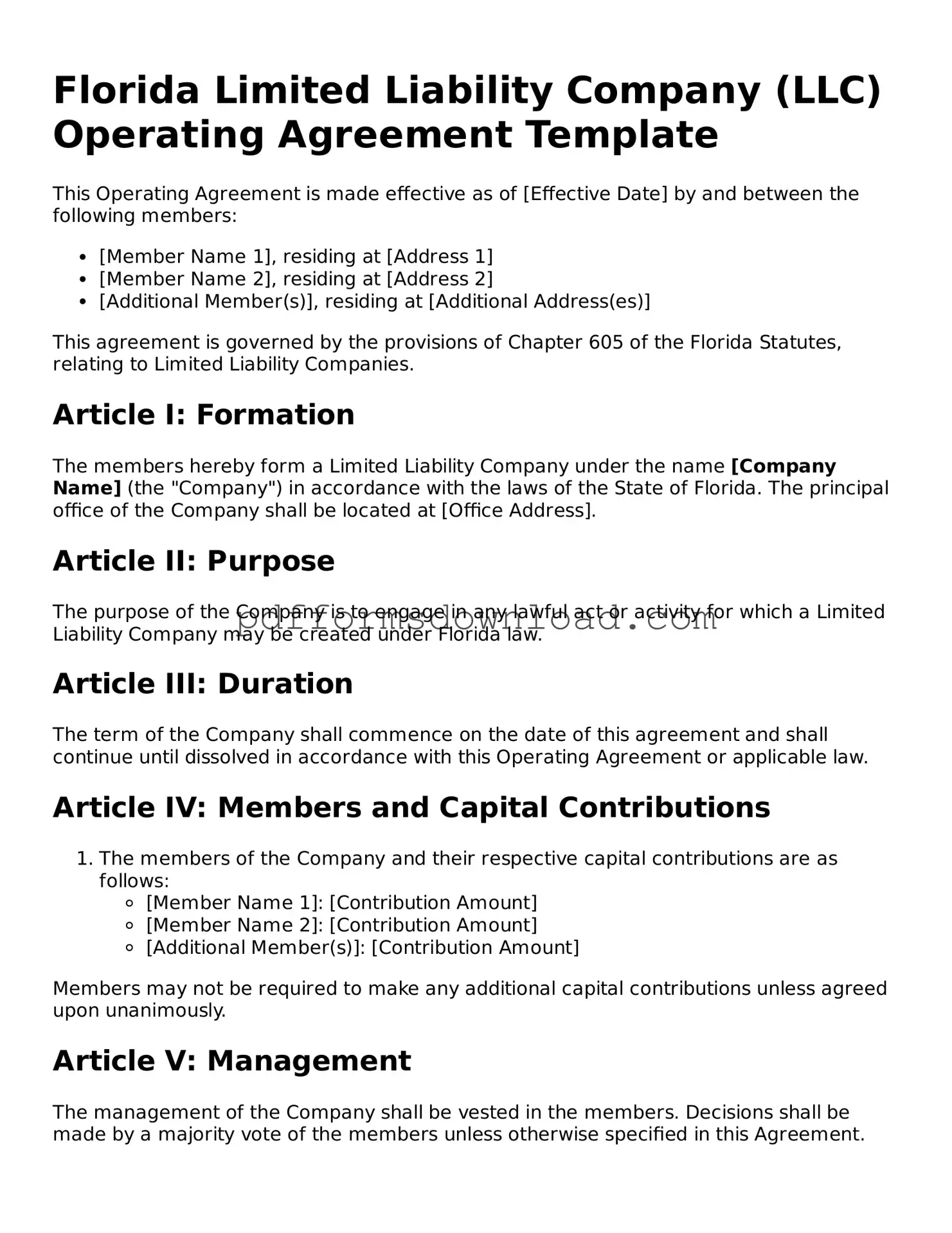Printable Florida Operating Agreement Form