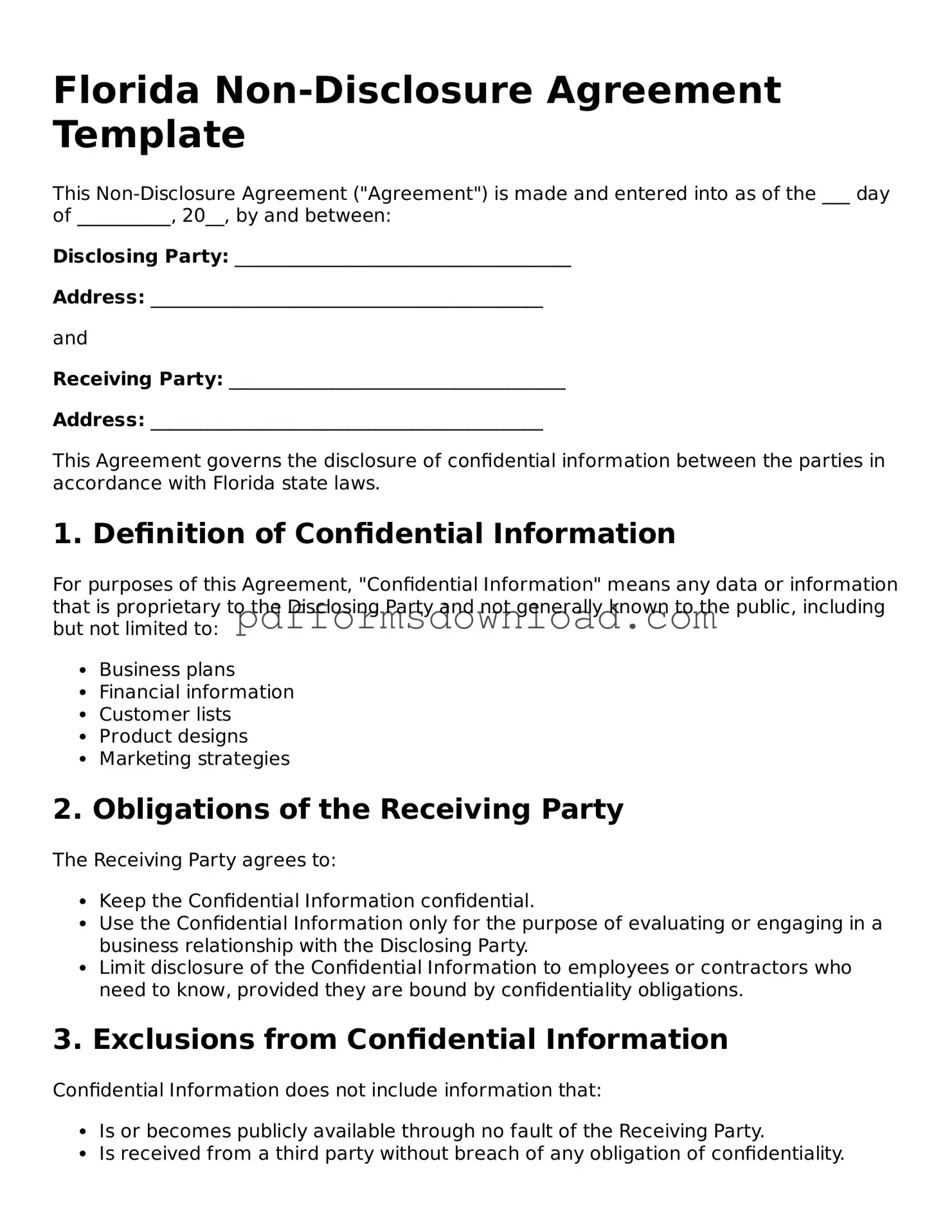 Printable Florida Non-disclosure Agreement Form