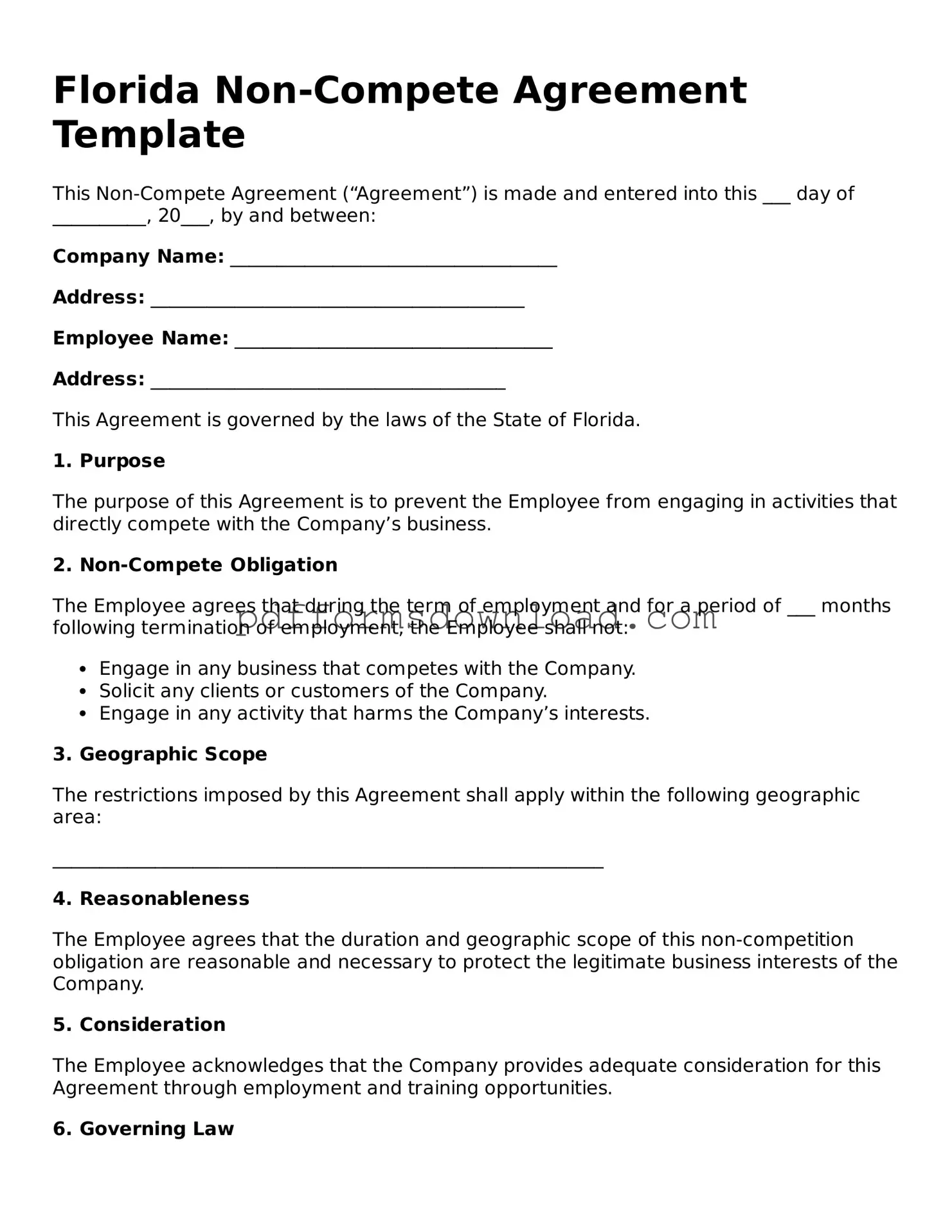 Printable Florida Non-compete Agreement Form