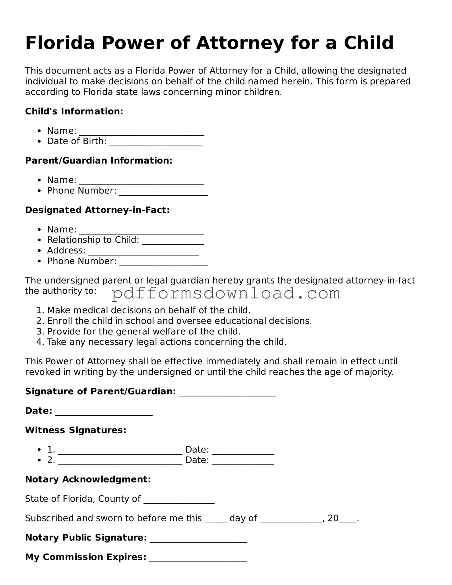 Printable Florida Power of Attorney for a Child Form