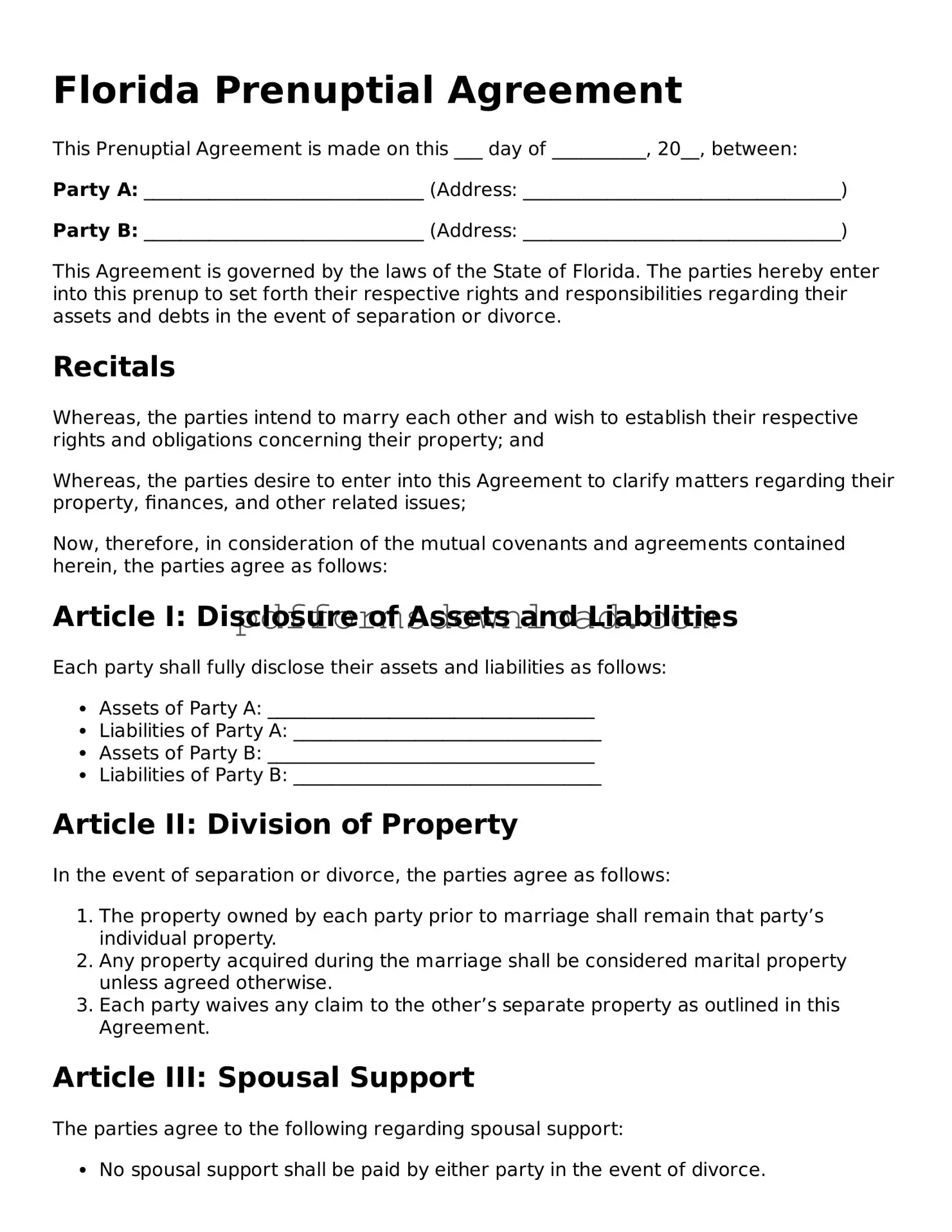 Printable Florida Prenuptial Agreement Form