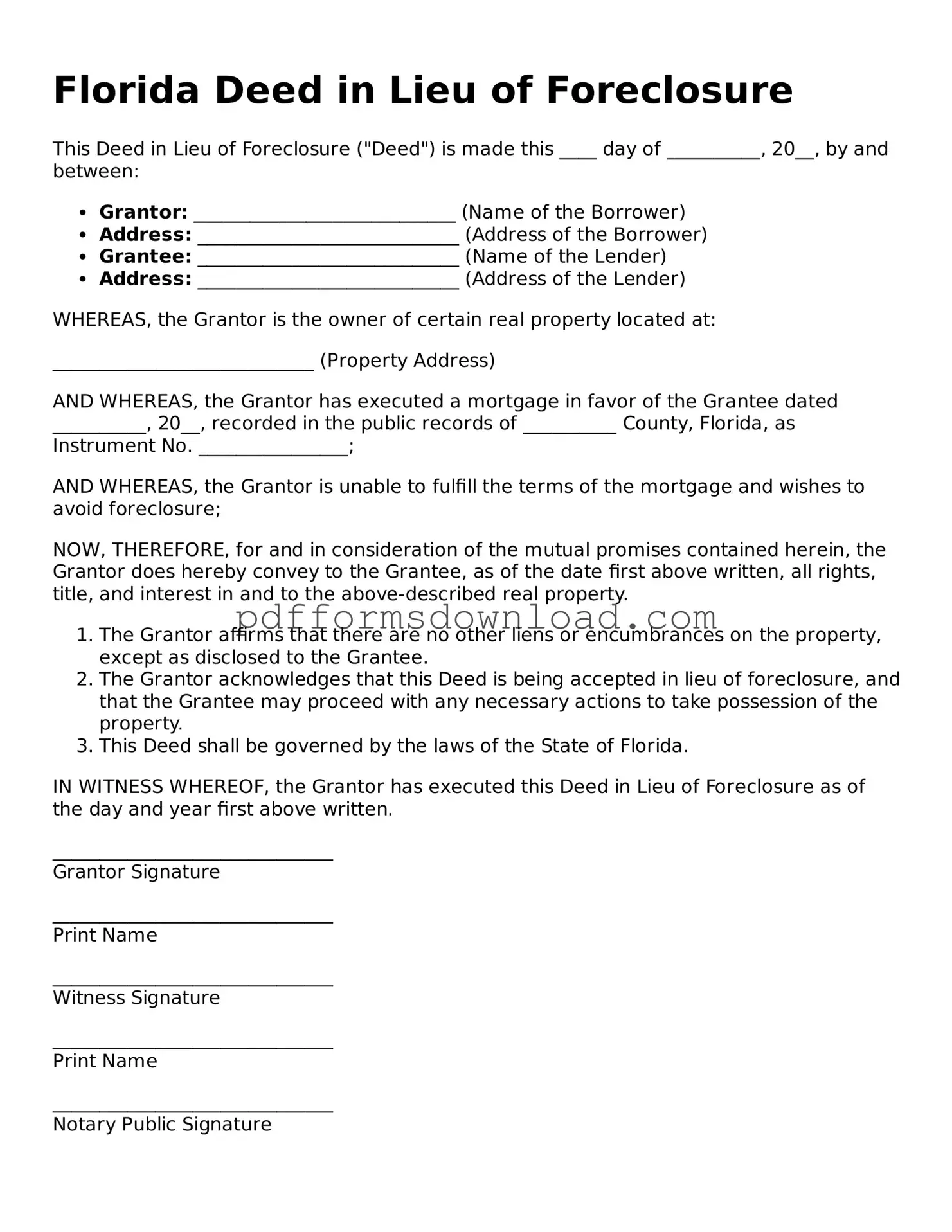 Printable Florida Deed in Lieu of Foreclosure Form