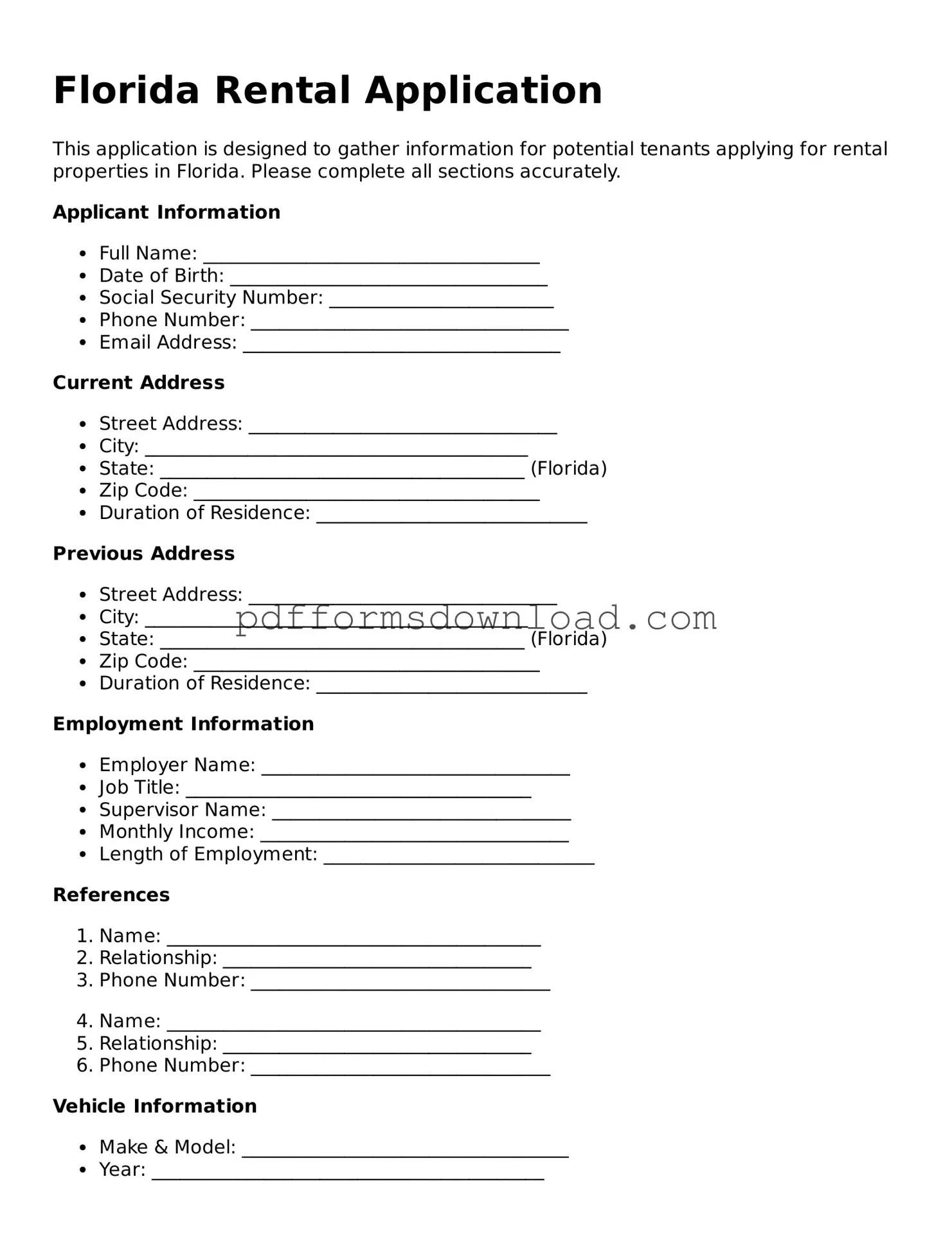 Printable Florida Rental Application Form