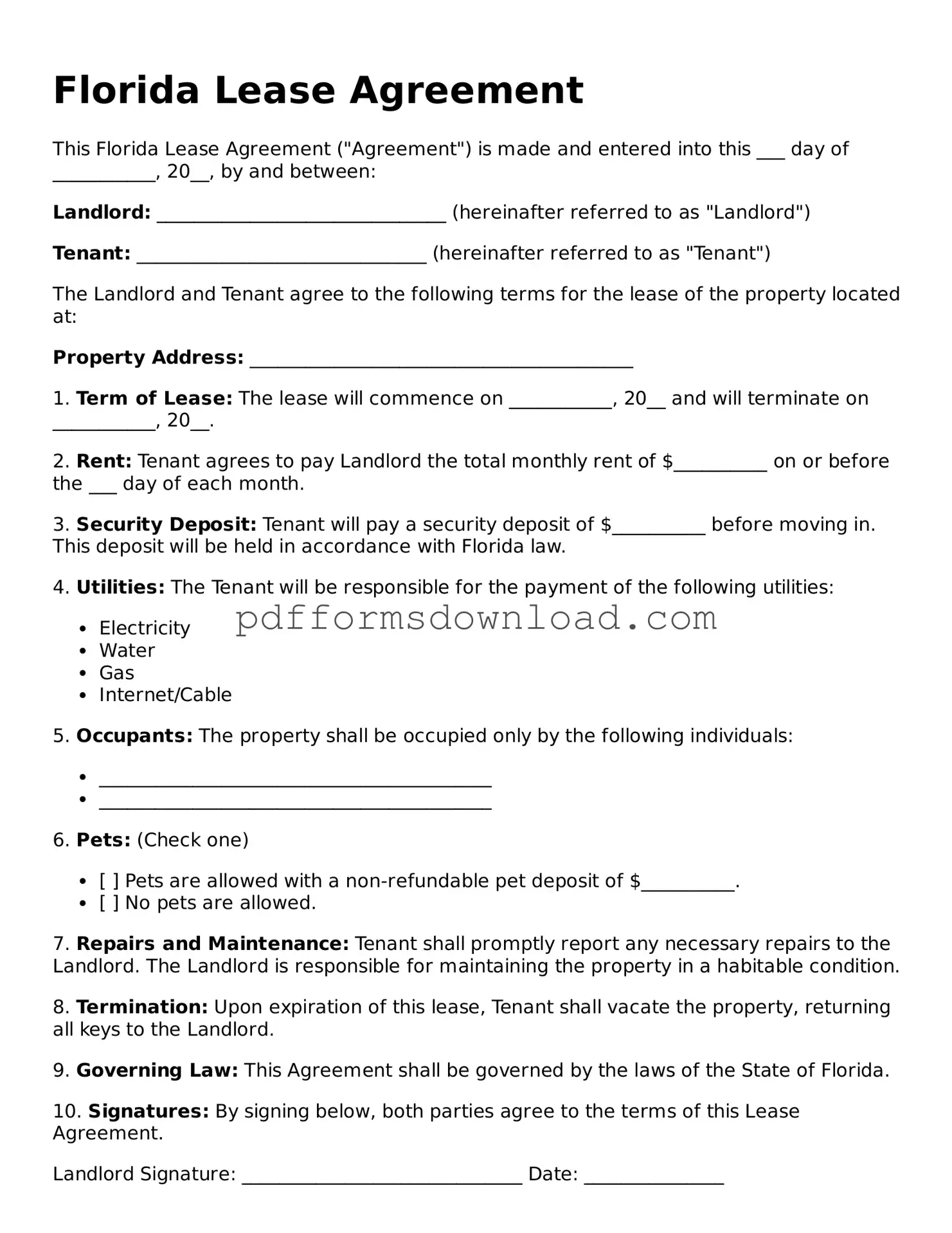 Printable Florida Lease Agreement Form