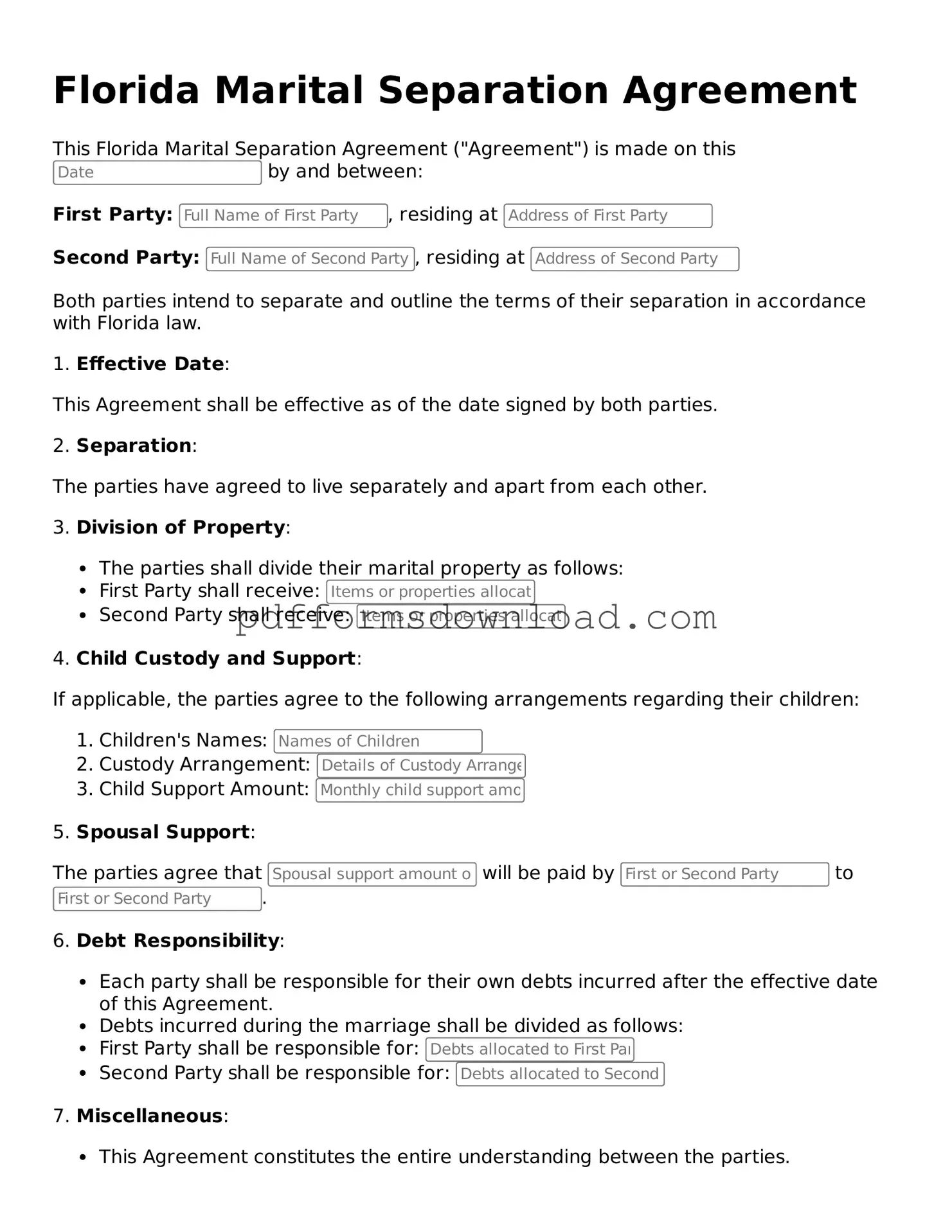 Printable Florida Marital Separation Agreement Form
