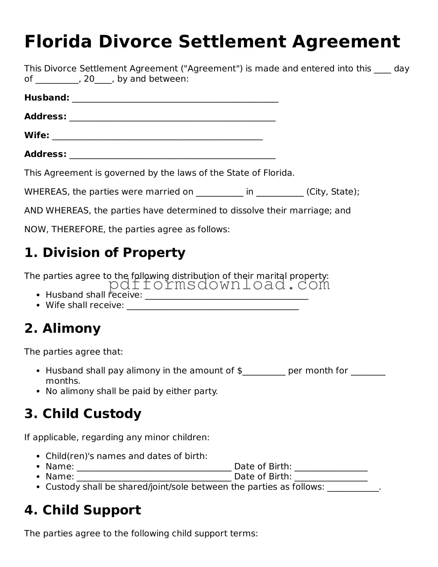 Printable Florida Divorce Settlement Agreement Form