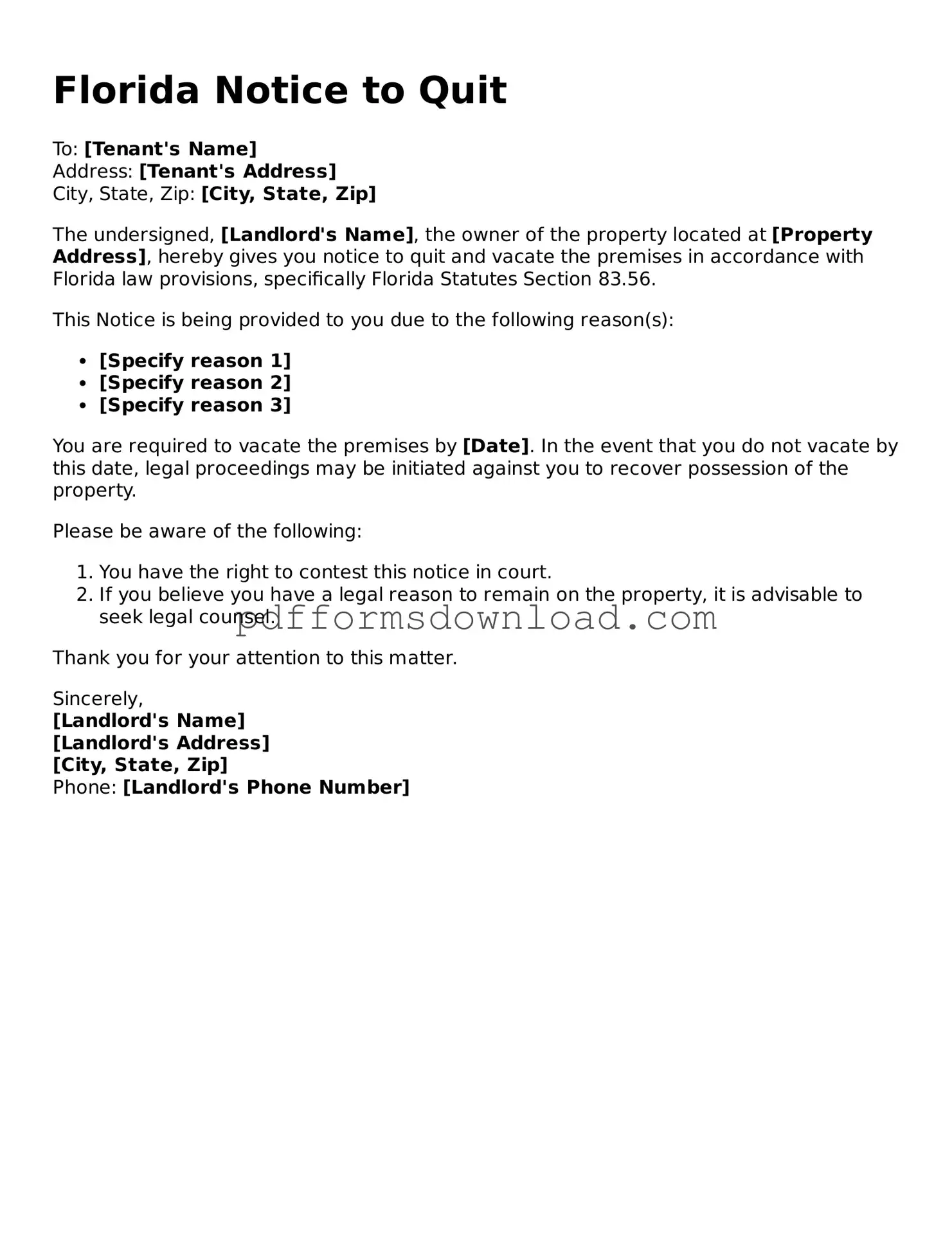 Printable Florida Notice to Quit Form