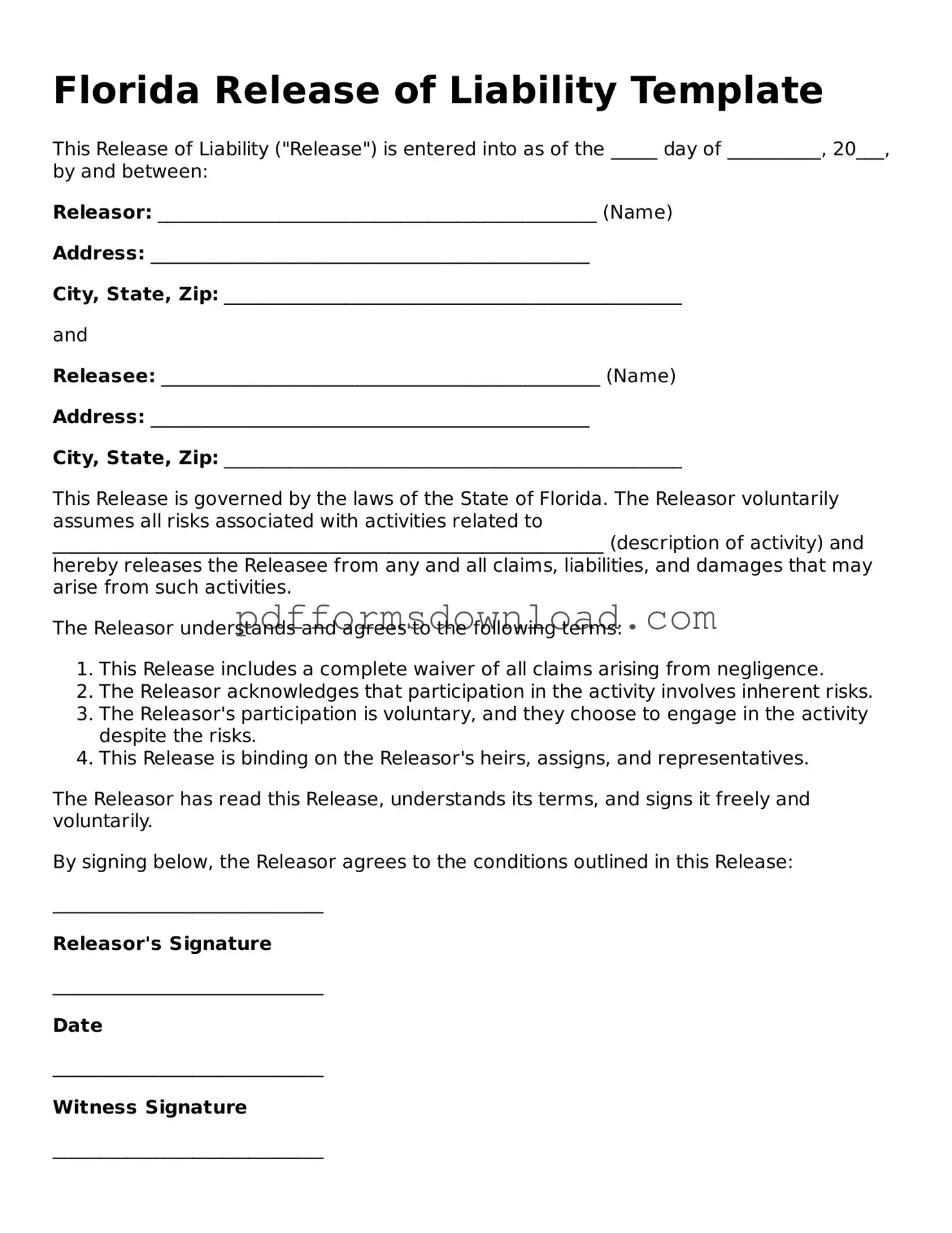 Printable Florida Release of Liability Form