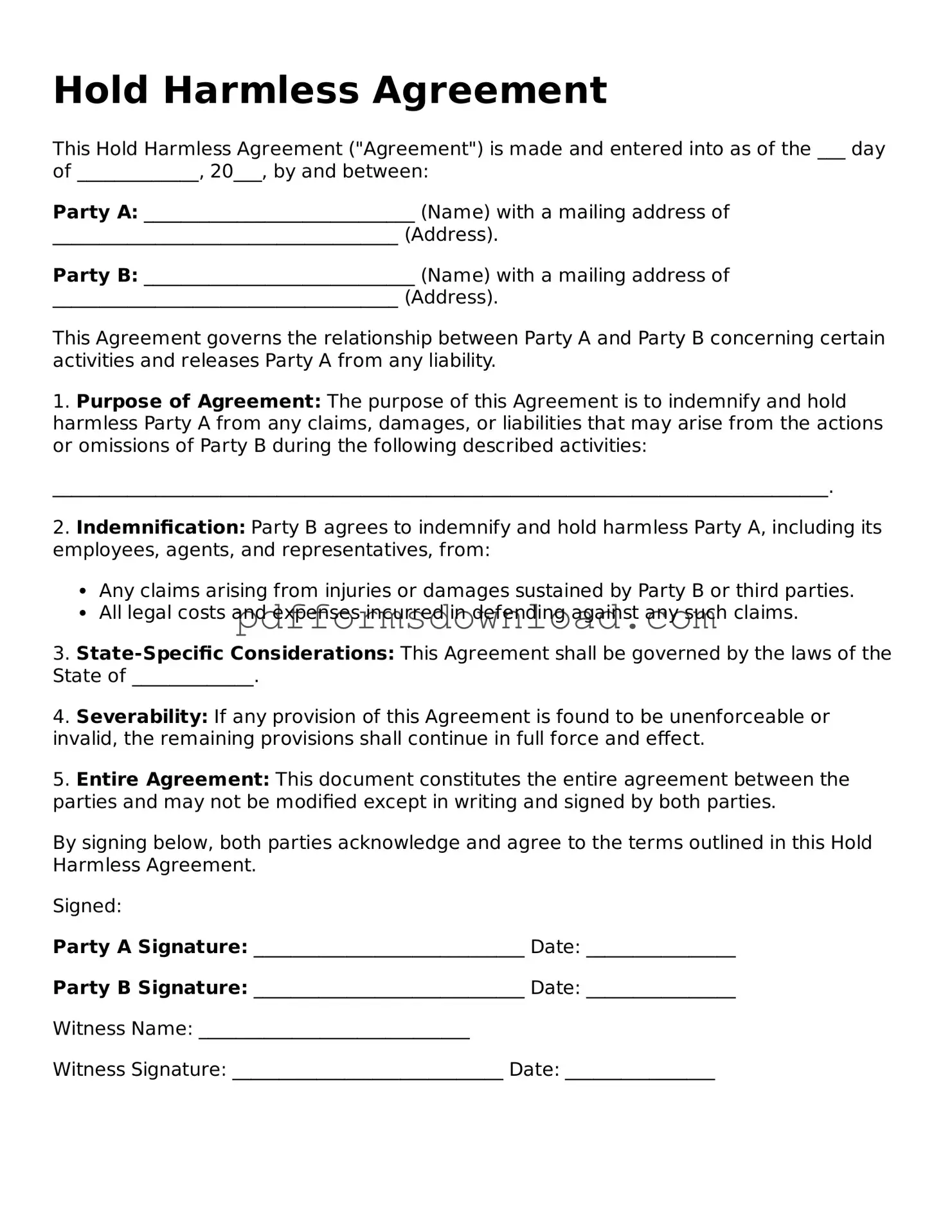 Official Hold Harmless Agreement Document